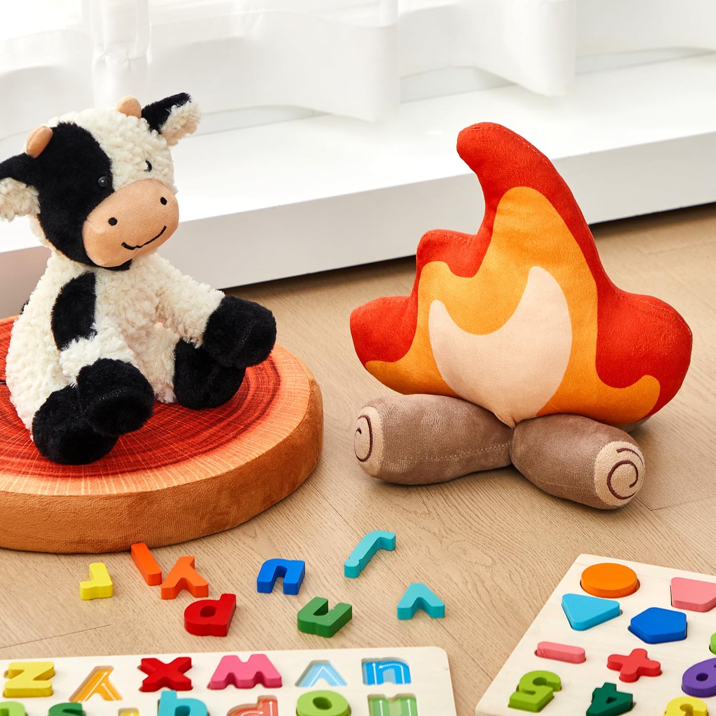 PullCrease 4 Pack Campfire Plush Toys Fake Fire Firewood Plush Pillow for Camping S'More Birthday Party Scene Setting Room Decoration and Woodland Forest Nursery Classroom Decor