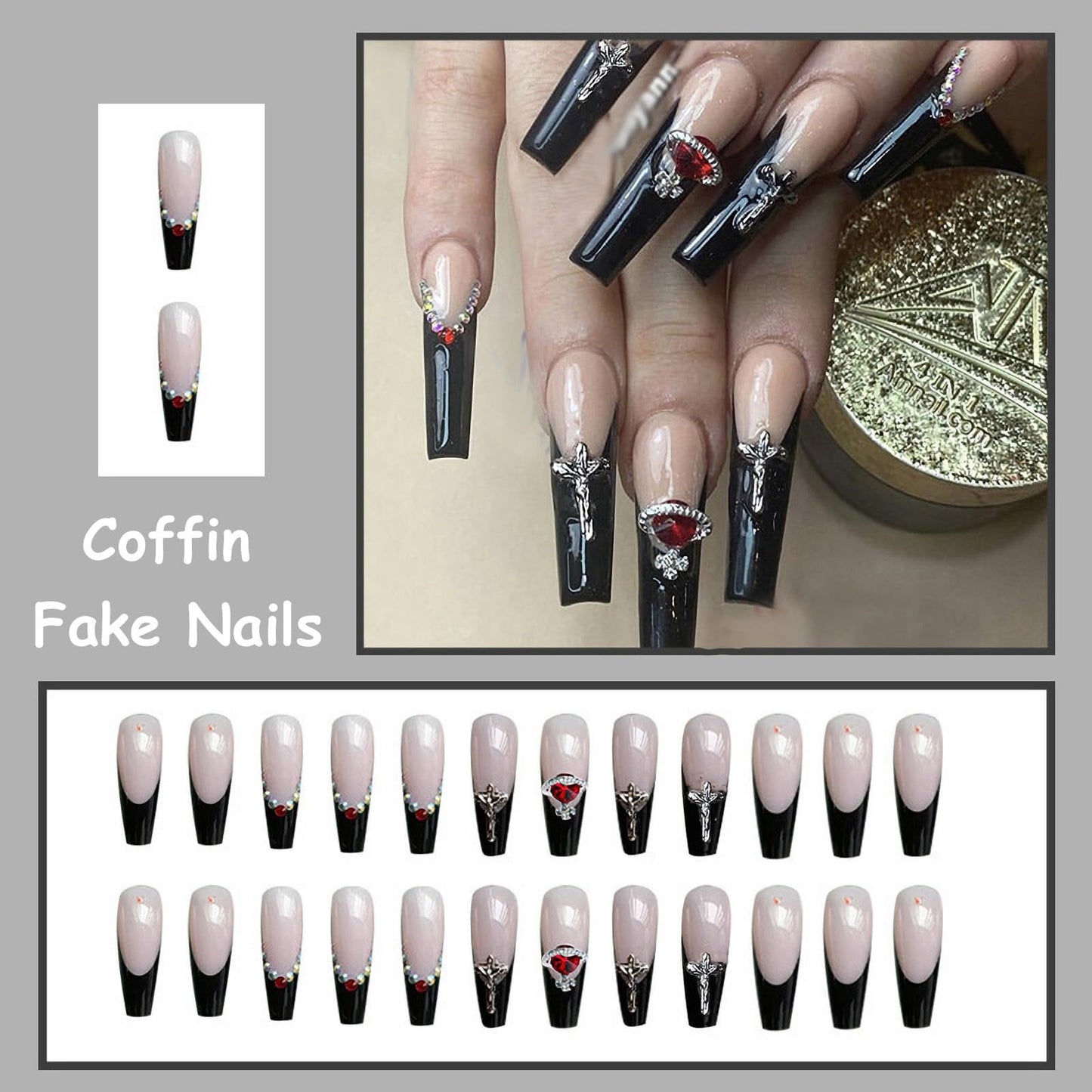 MISUD Press on Nails - Long Coffin Glue on Nails with Goth Black, Acrylic Gothic Cross Design 24 pcs