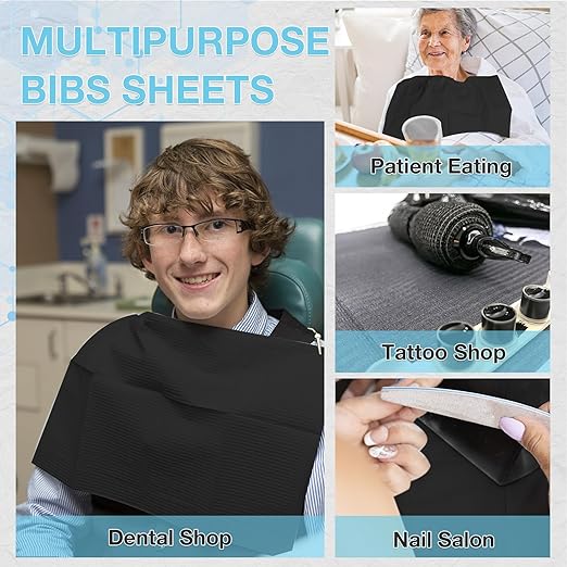 550 Pack Disposable Dental Bibs 13"x18", 3-Ply Waterproof Tattoo Bibs Sheet for Nail Salon, Dental Clinic, Feeding, Tattoo Shop (Black)