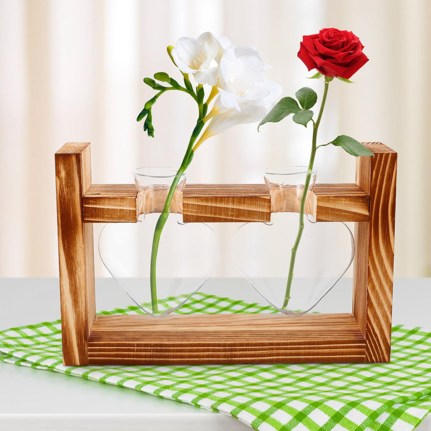 Healvian Heart-Shaped Glass Terrarium Vase with Wooden Stand, Hydroponic Planter for Indoor Plants, Desktop Home Decor, 2pcs Set with Retro Frame Packaging