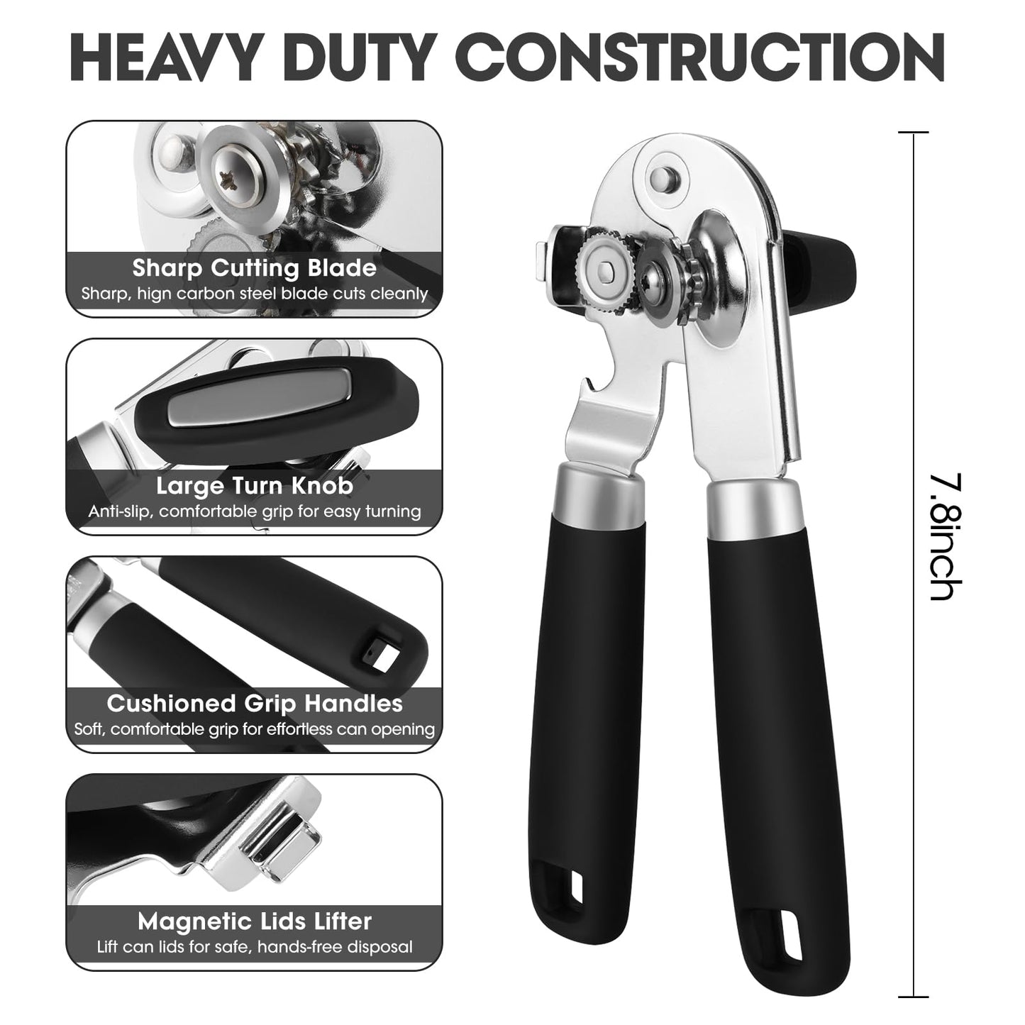 Manual Can Opener, UHIYEE Handheld Can Opener Heavy Duty with High Carbon Sharp Blade, Ease Can Open for Seniors with Comfort Grip Handles, Oversized Turn Knob, Black