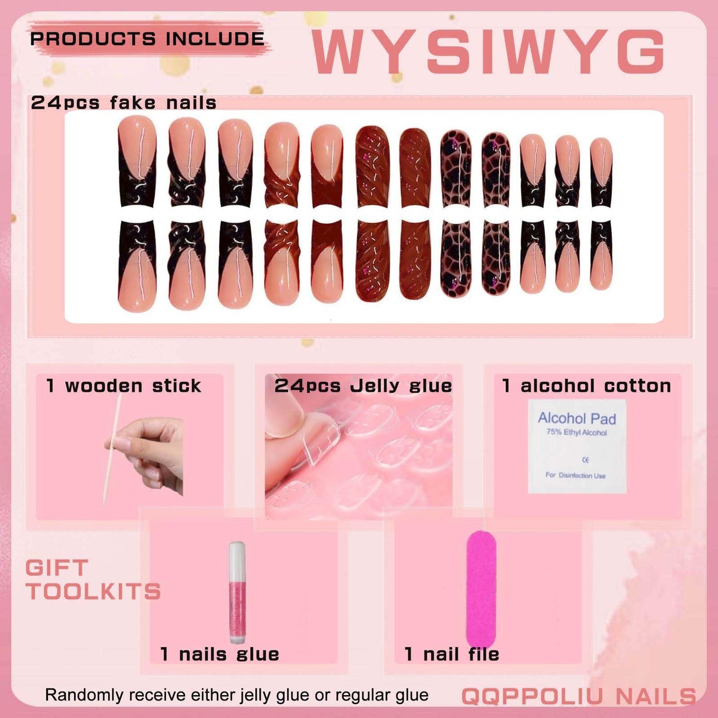 QQPPOLIU Long Press on Nails Square Fake Nails for Hot Girls Black French Tips Stick on Nails with Design 3D Coat Glue on Nails 24pcs