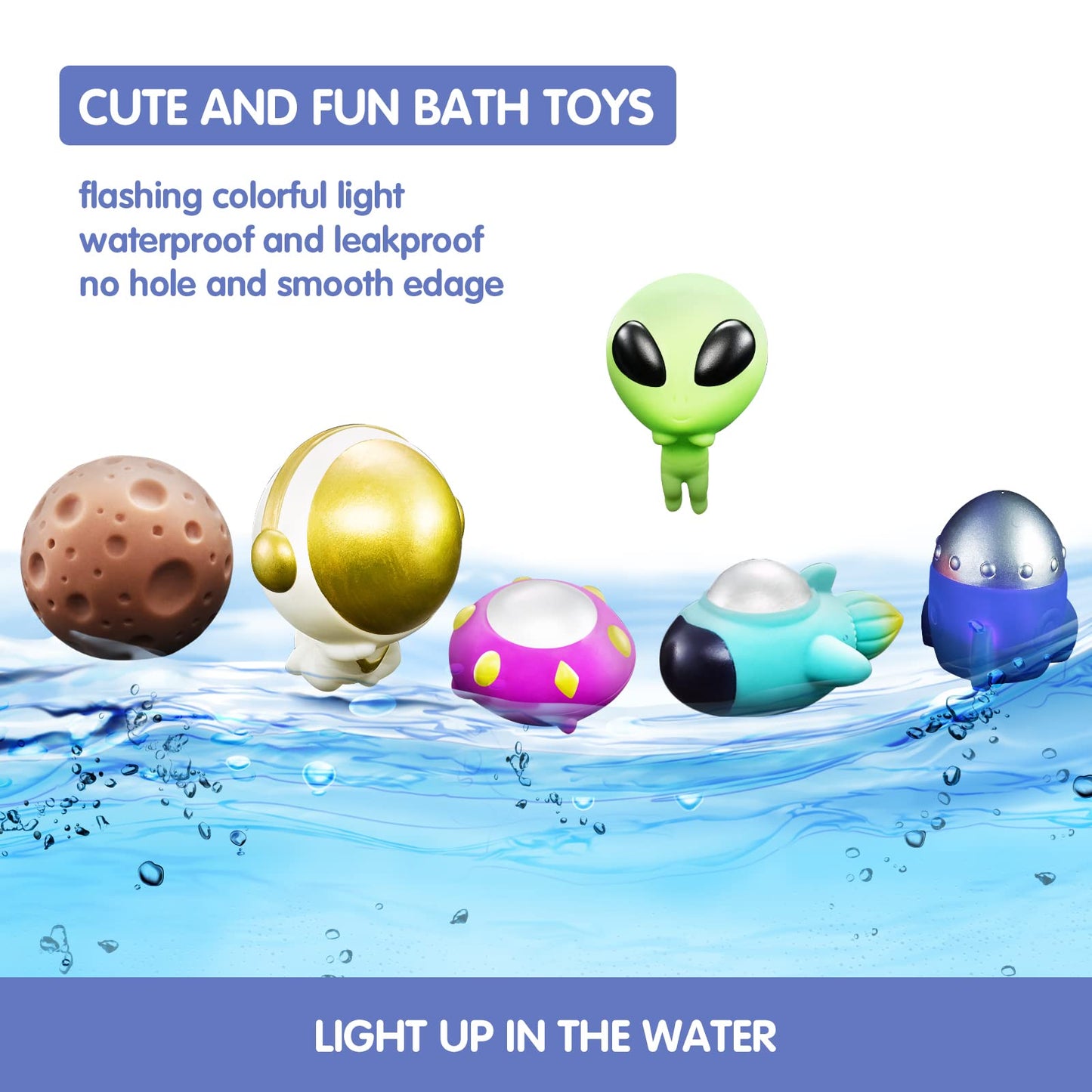 Bath Toys Light Up Floating Space Bath Tub Toy Set 6pcs Glowing Bath Toy Universe Theme Toy with Astronaut Rocket Ship Alien UFO Planet Model Educational Preschool Shower Pool Toys Gift for Kids