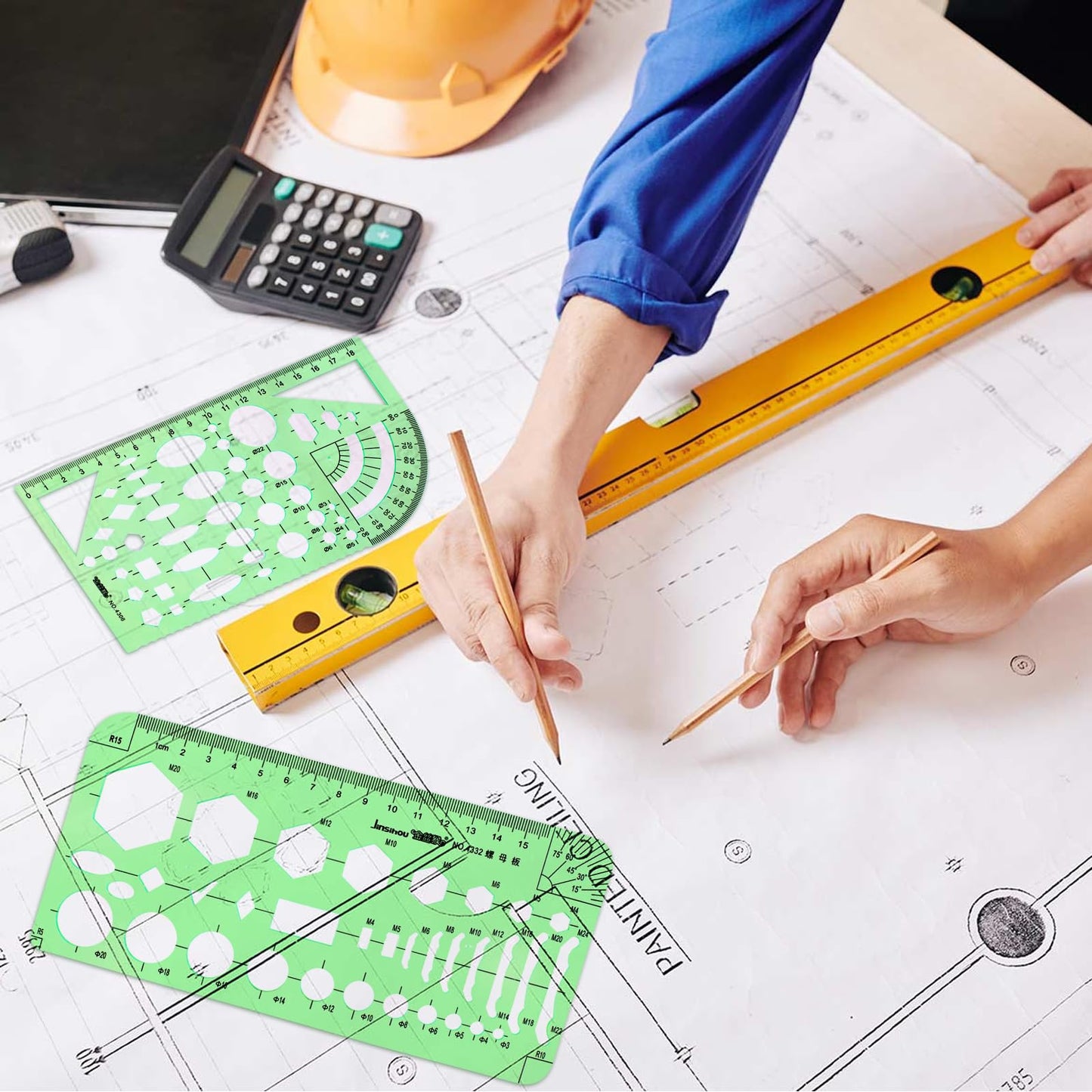 11PCS Geometric Drawings Templates, Drafting Stencils Measuring Tools, Transparent Green Plastic Ruler, for Architecture, Office, Studying, Designing