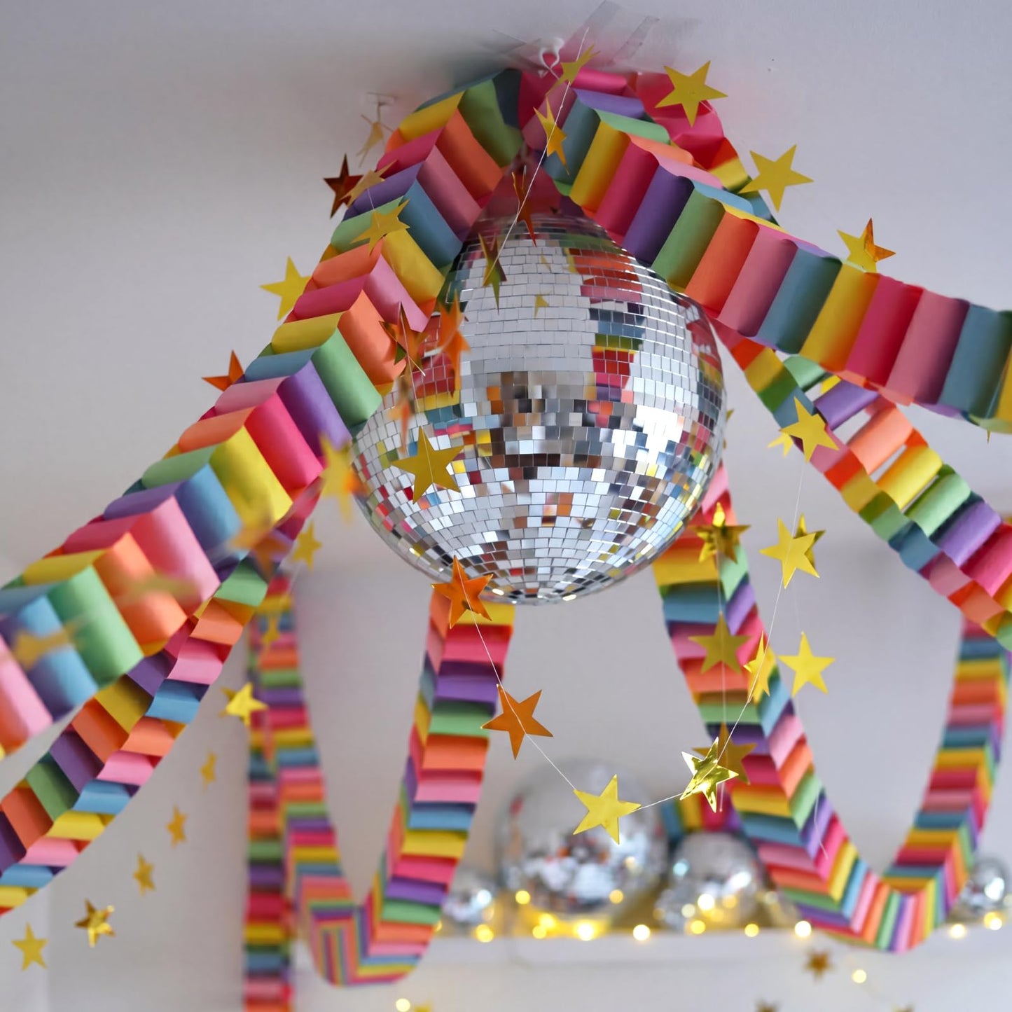YooNotee 500 Sheets Paper Chain Strips and 4 PC Mirror Star Garland 3 Paper Fan Garland Garlands for Birthday Graduation Wedding Bachelorette Christmas Ceiling Hanging Decorations