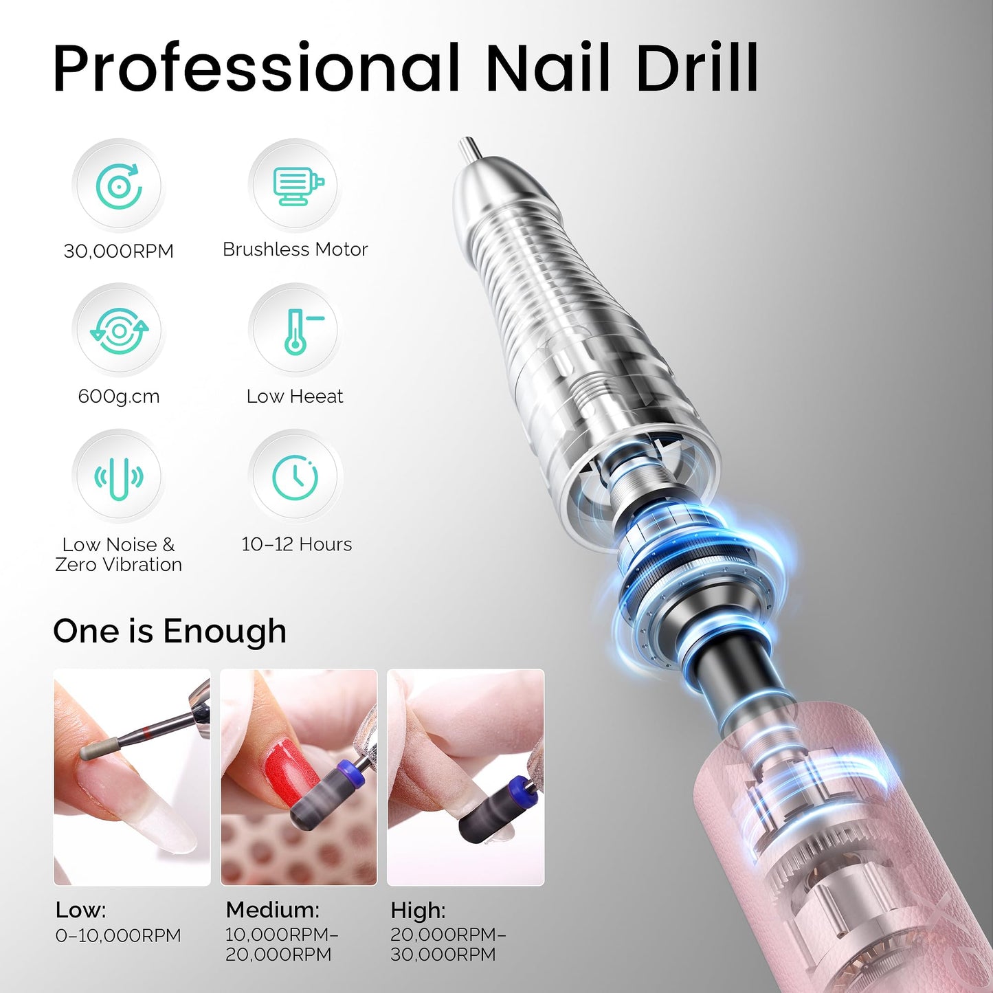 L'UGX Professional Nail Drill, 30000RPM Brushless Nail Drill Machine, Cordless Rechargeable Electric Nail File for Acrylic Nails Gel Polishing, Low Noise Low Vibration, 7Pcs Drill Bits, Diamond Pink