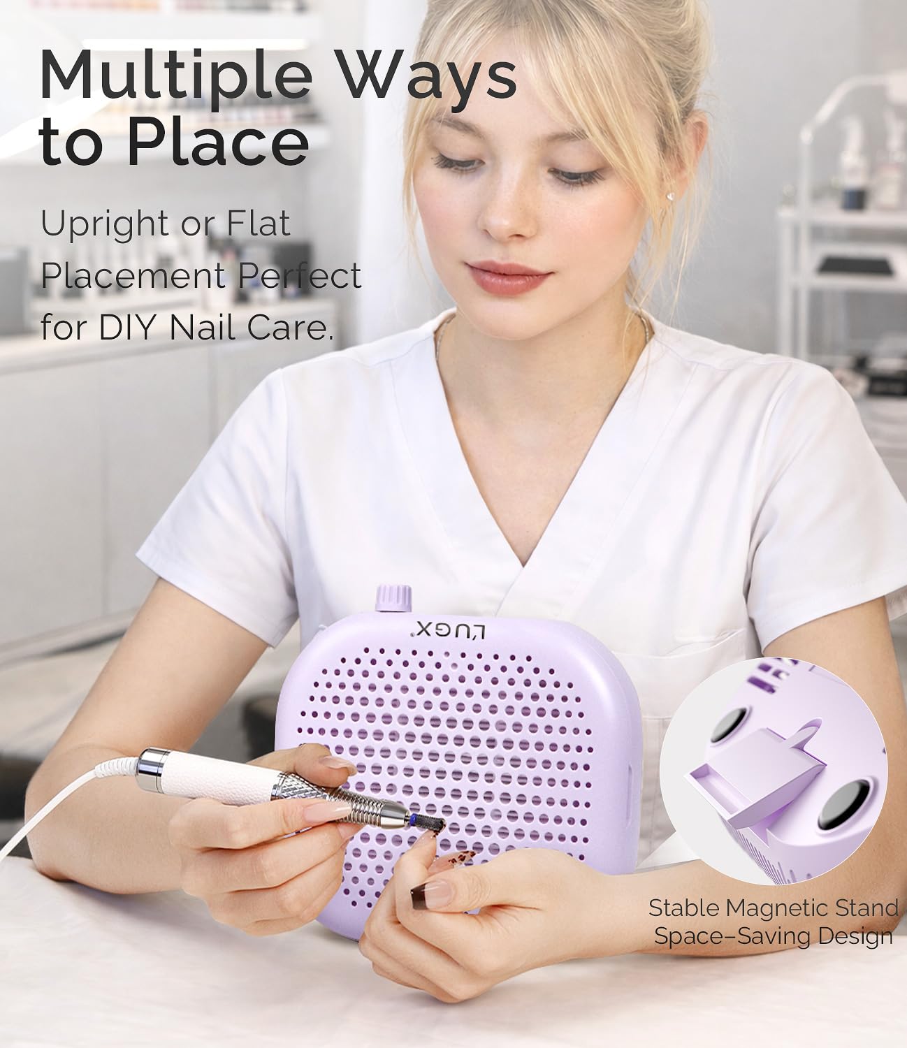 L'UGX Dust Collector Nail Tech – Compact Nail Dust Collector Profesional with Strong Suction, 10-Speed Turbo Fan, LED Display & Low Noise Nail Dust Cleaner for Home & Salon Use-Lilac Dream