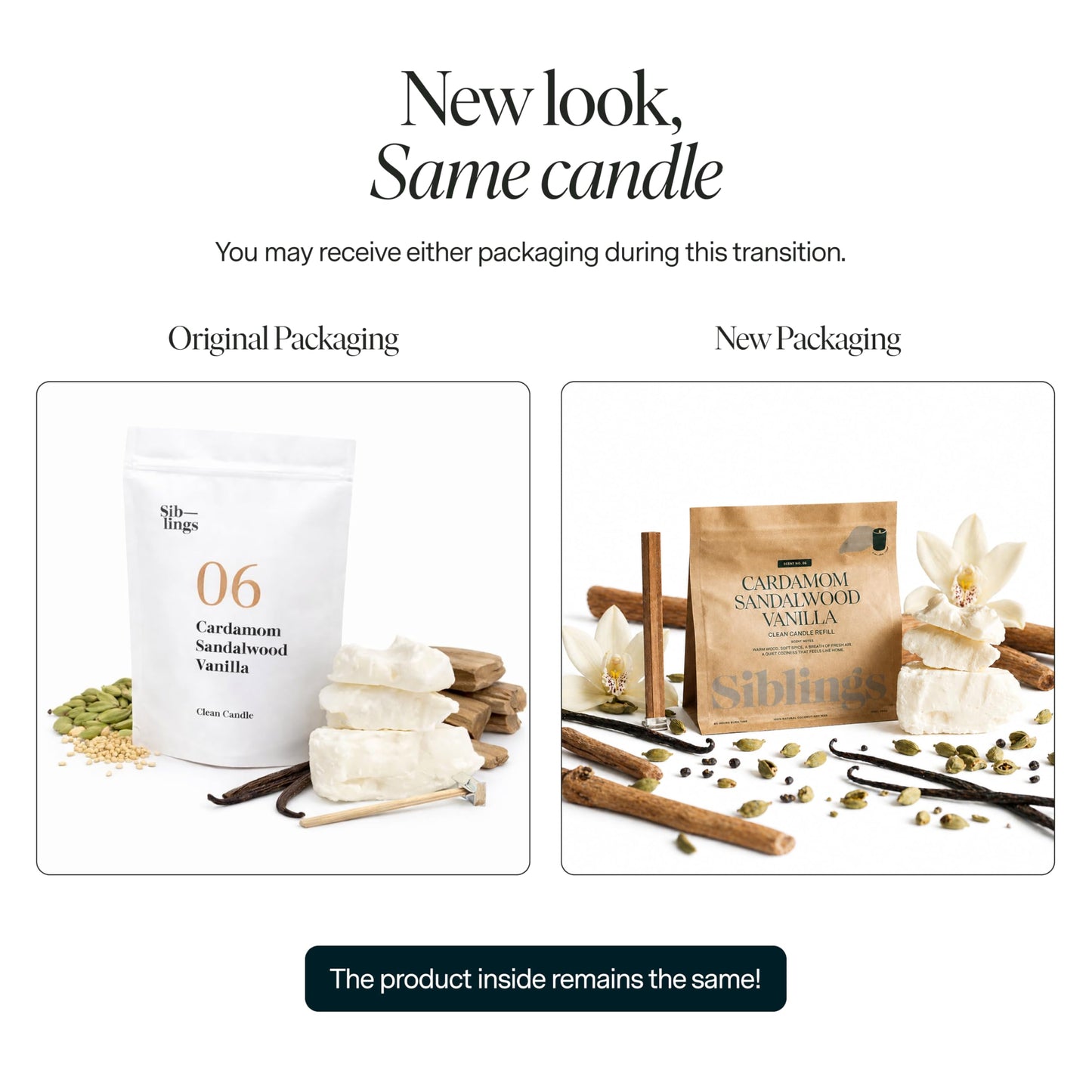 Siblings Candle Refill Kit – DIY Coconut Soy Wax Candle Making Kit for Reusable Vessels – Non-Toxic Clean Burn, Wooden Wick – Scent No 06: Cardamom, Sandalwood, Vanilla – 60 Hour Burn