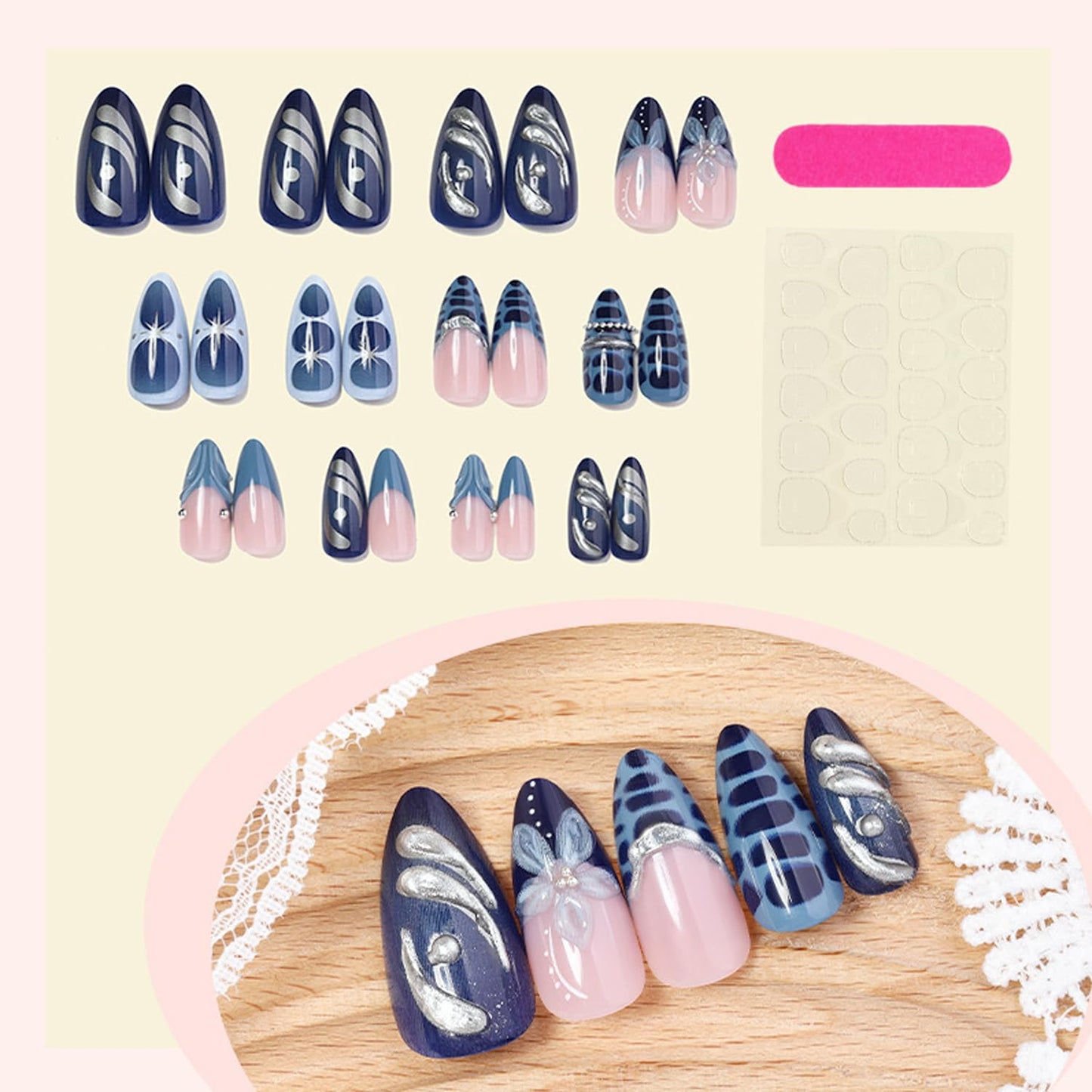 24Pcs Chrome Silver Press on Nails - Medium Almond Blue French Fake Nails with 3D Metal Ring Design Crocodile Pattern False Nails Blue Gradient Full Cover Flower Star Artificial Glue on Nail for Women