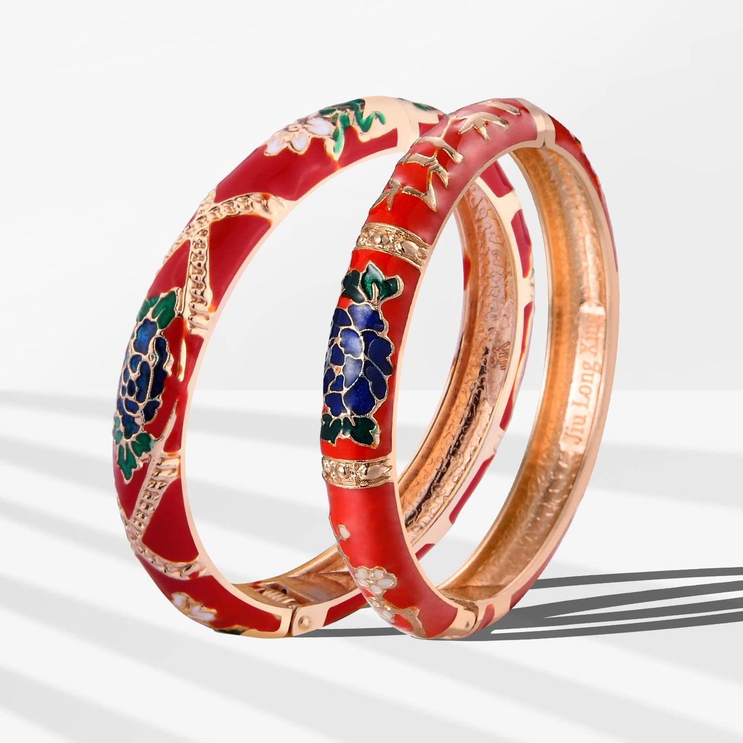 UJOY Gorgeous Bracelets Enameled Floral Cloisonne Gift Plated Cuff Bangles Jewelry Sets Box for Women 55A127-55A128 red