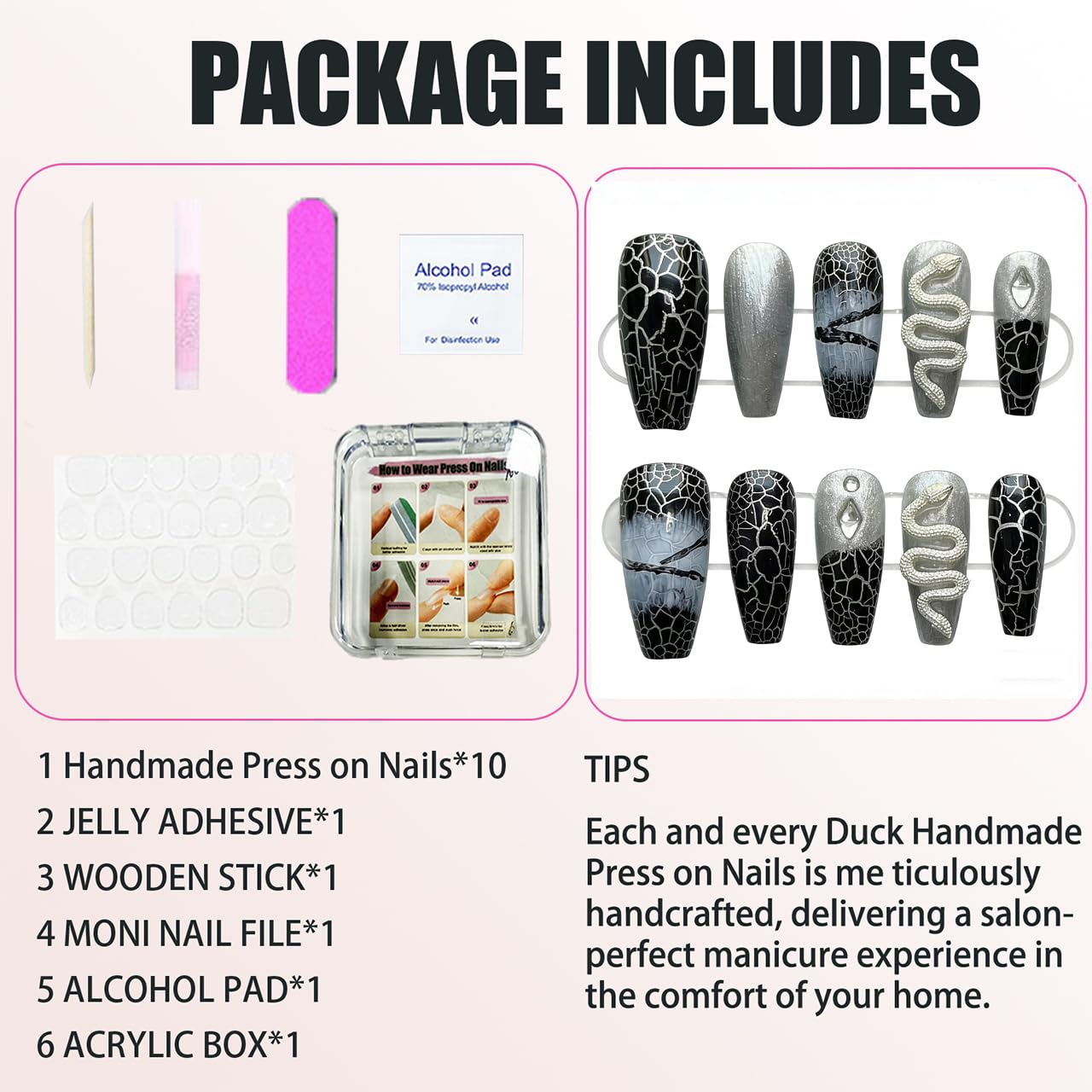 Handmade Press on Nails Square 3D White Snake & Gemstone Decoration with a Black and White Snake Pattern Temperament Style Acrylic Nails Press on Handmade Nails Luxury Press on Nails(S)