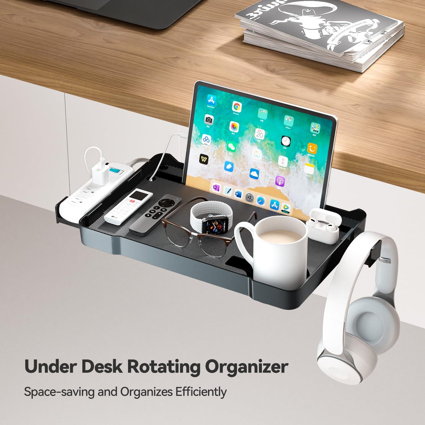 KDD Under Desk Organizer - 360° Rotating Clamp-On Tray with Headphone Hook, Phone & Tablet Holder, Cup Holder, and Cable Management - No Drilling Desk Storage Accessories for Office and Home