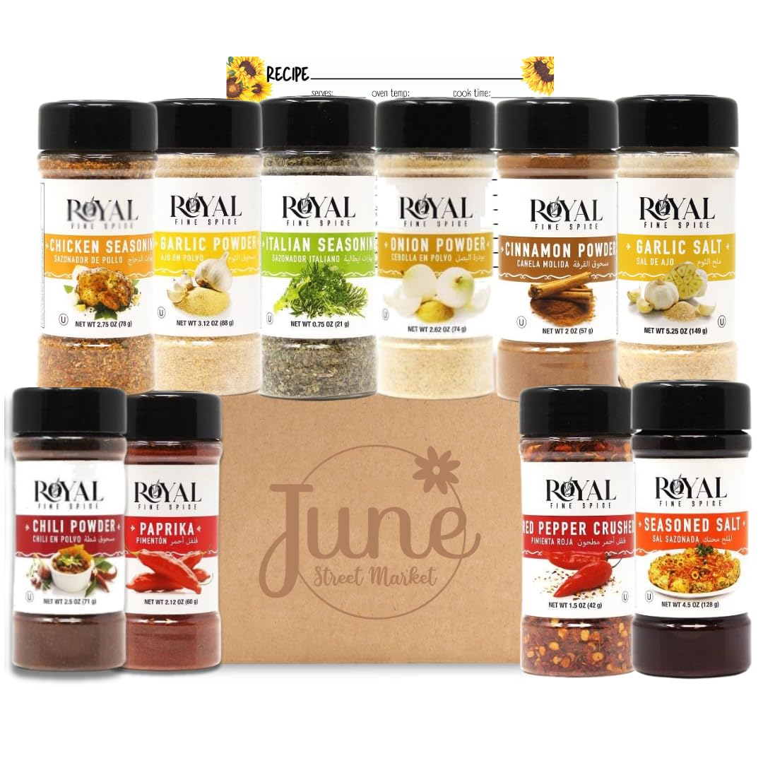 June Street Market 10 Piece Essentials Kitchen Starter Gift Set: Spices with Trilingual Labels (English, Spanish, Arabic) Includes Recipe Cards, Perfect for Cooking, Baking, or Gifting
