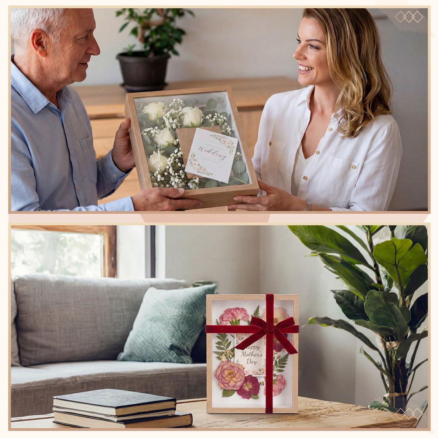 BrightRow 8"x10" Wedding Shadow Box Frame Flower Display Case Kit, DIY Wood Color Picture Gift Box with Lid Deep Glass Case Red Velvet Ribbon for Gift Wrapping Craft Bouquet Flower Keepsake Memory