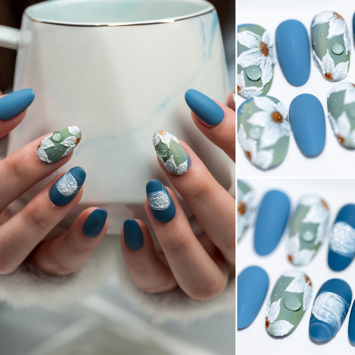 Sun&Beam Nails Handmade Medium Long Almond Blue White False Nail Tips with Cute Flower Popular Charm Design Press On Nails 10 Pcs (#60 M)
