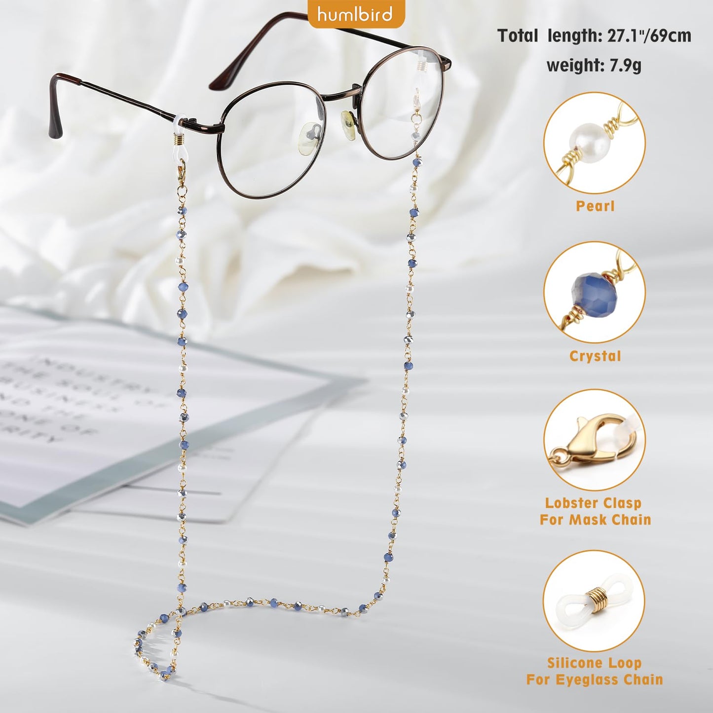 humlbird Glasses Chain Eyeglasses Chain Mask Lanyard Coloful Crystal Beaded Pearl Sunglasses Chain Dark Blue