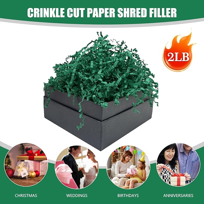 Dark Green Crinkle Cut Paper Shred Filler, 2 LB Basket Filler Shredded Paper, Confetti Stuffing for Basket Filling, Halloween, Thanksgiving, Christmas, Birthdays, Gift Wrapping, Stuffer Party Supplies