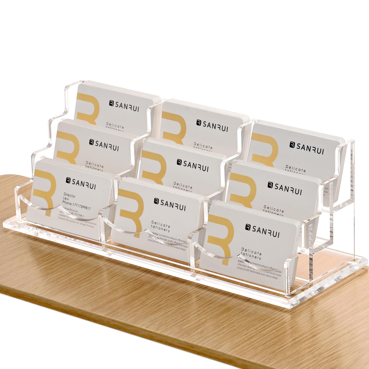 SANRUI Clear Horizontal Business Card Holder Stand for Desk, Acrylic Desktop Display Name Cards Holders Organizer Storage Rack,for Exhibition, Home, Office,3 Tier 9 Pocket, 540 Card Capacity