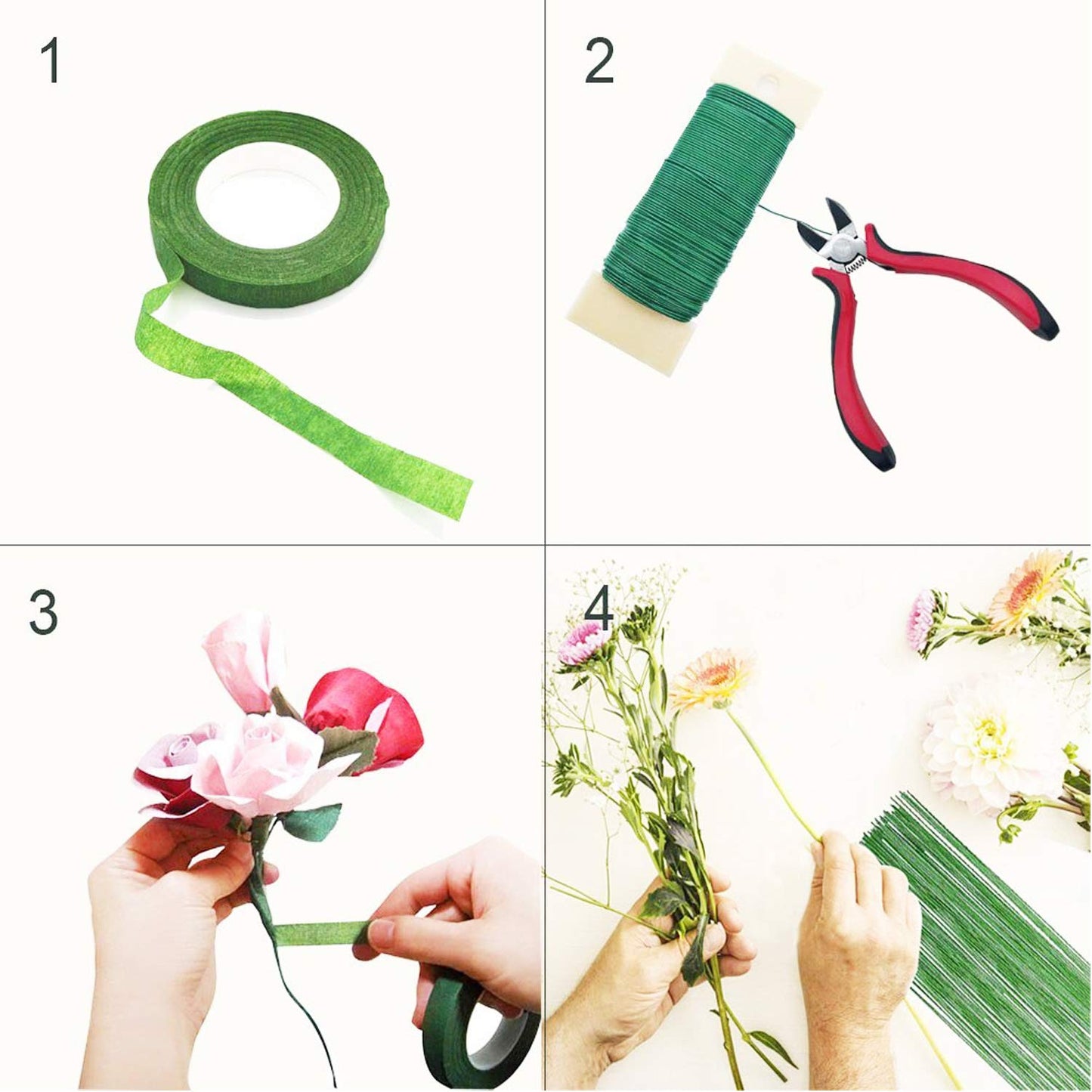 Floral Arrangement Tool Kit, Woohome 2 Style Tape Stem Wrap, 2 Style Floral Wire, Wire Cutter, Scissors and Head Pins for Wedding Bouquet DIY