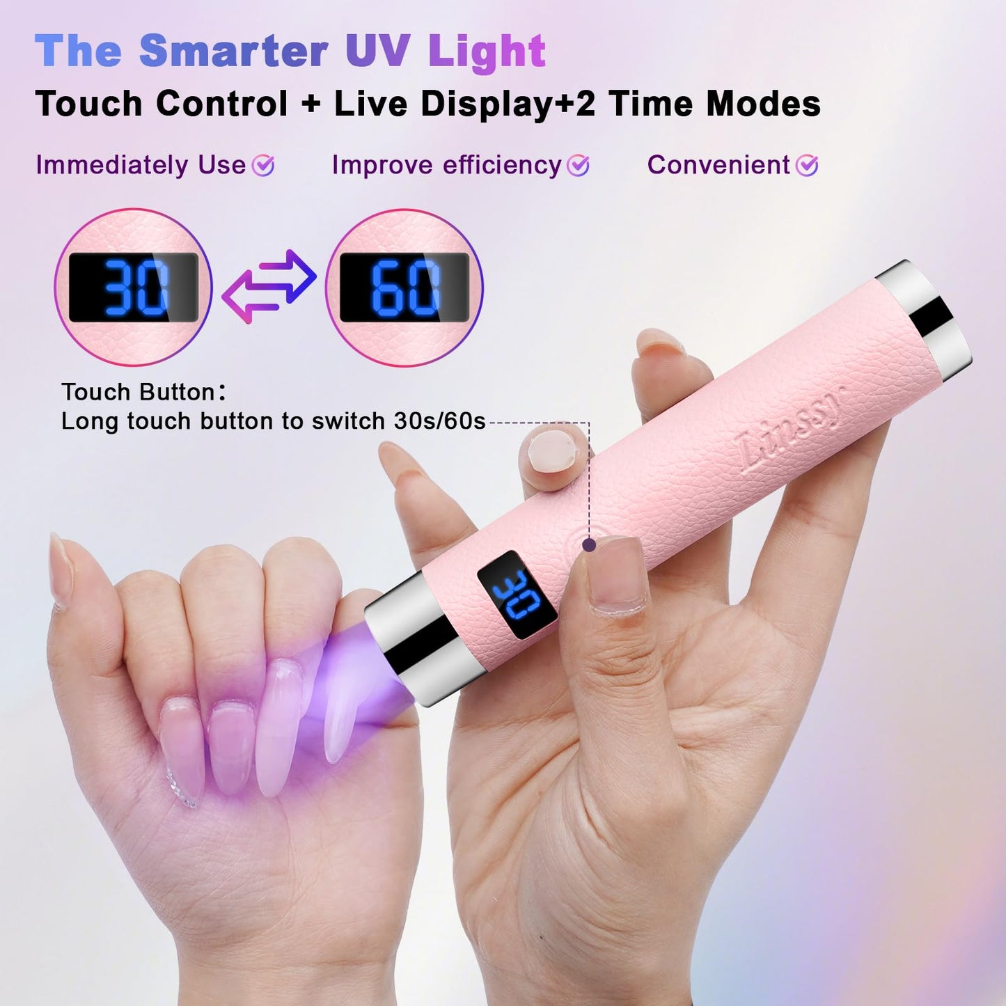 Linssy Mini UV Light for Nails with Auto Sensor & Gooseneck Stand,Portable Cordless Nail Lamp Flash Cure Lamp with LCD Display,Handheld UV Light for Gel Nails at Salon & Home Use (Pink)