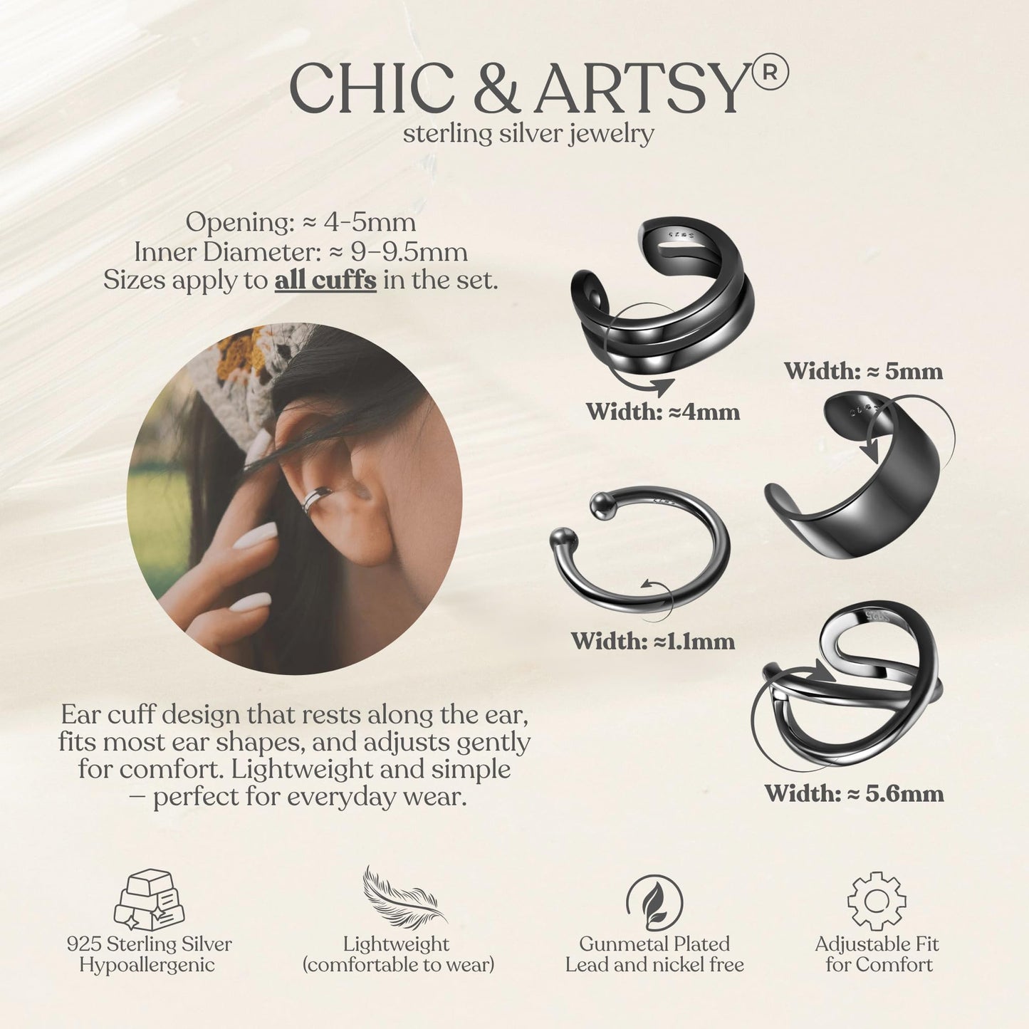 CHIC & ARTSY 925 Sterling Silver Black Ear Cuffs Set Fake Ear Cuffs Non Piercing Ear Conch Clip on Cartilage Earrings for Women Men | 4 Various Styles