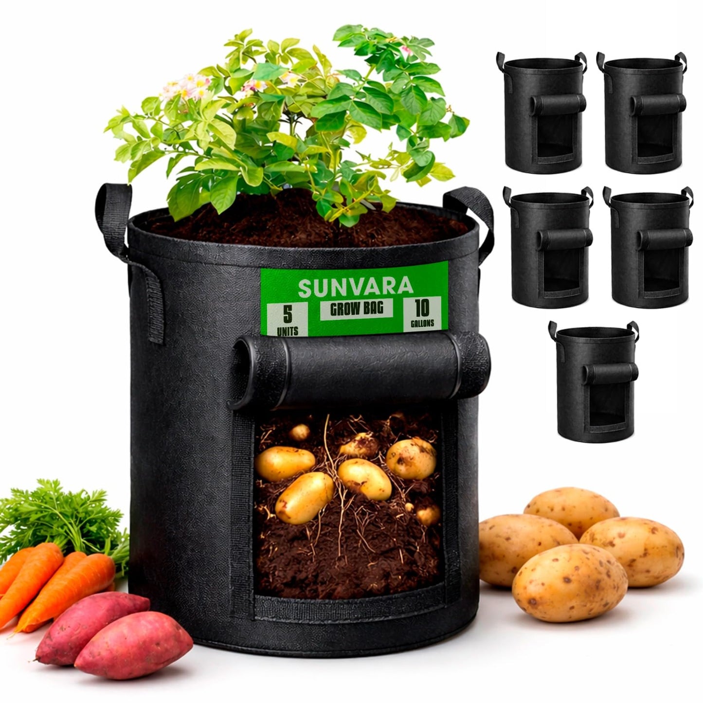 SunVara 10 Gallon Grow Bags, 5 Pack - Breathable Fabric Plant Pots with Handles & Harvest Window for Potatoes, Tomatoes, Vegetables