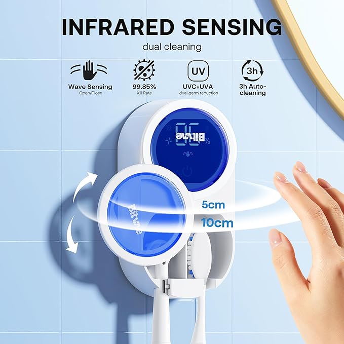 Bitvae Upgraded Tooth Brush Holder for Bathroom 2.0, Infrared Sensing Toothbrush Cleaner, Wall-Mounted for Any Size Toothbrushes, Air Drying, LED Smart Screen, White Gold Trim