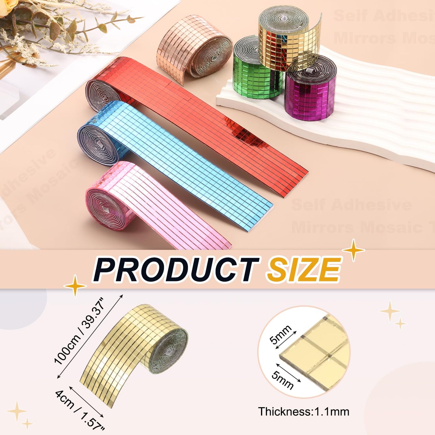 PATIKIL 5x5mm Self Adhesive Mirrors Mosaic Tiles, 3840 Pcs Square Mini Glass Mosaic Disco Tile Sticker for DIY Craft Disco Ball Party Decoration, Gold Tone