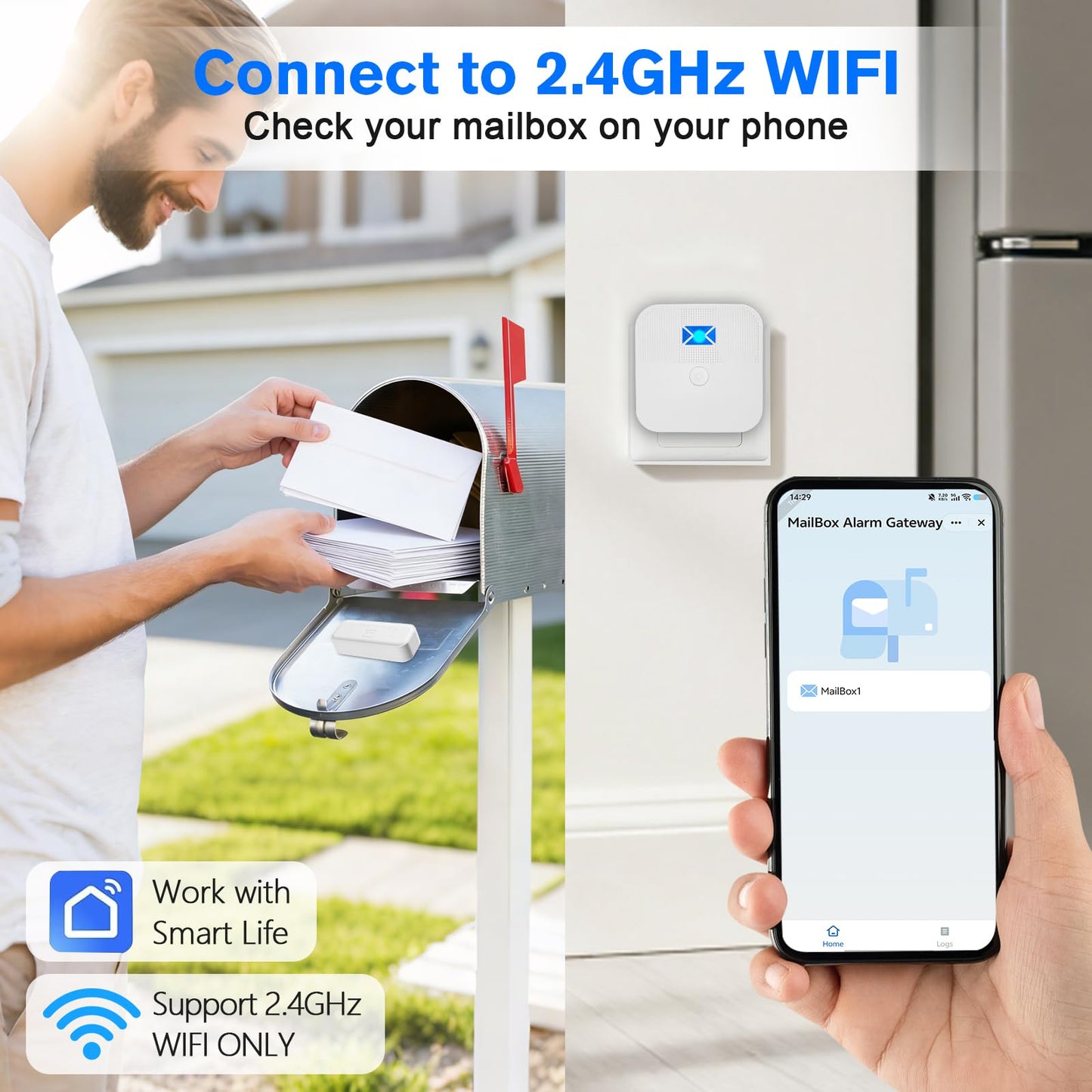 Smart Mailbox Sensor with WiFi,Mailbox Alert for Delivered Mail,500 ft Long Range Wireless Mailbox Alarm with LED Light and Sound Reminders,Mailbox Security System 2.4G WiFi Compatible