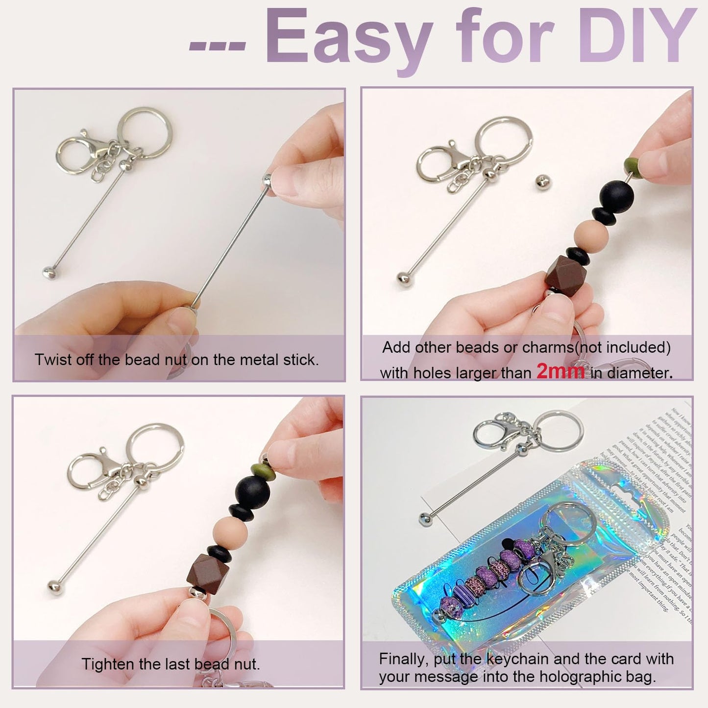 YUESEK 60 Pcs Beadable Keychain Bars Bulk Blank Creative Cute Keychains Bar for Beads Purse Keychains for Women Man