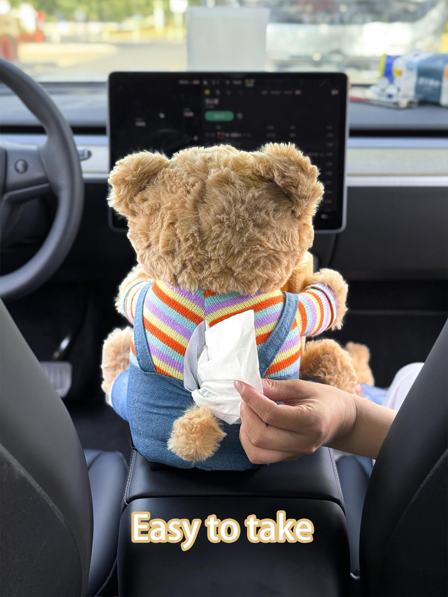 VimoDemo Cute Car Trash Can with Tissue Holder Teddy Bear Tissue Box Console Stuffed Animal Organizer Plush Doll Multifunctional Creative Accessories for Women Rainbow Bear