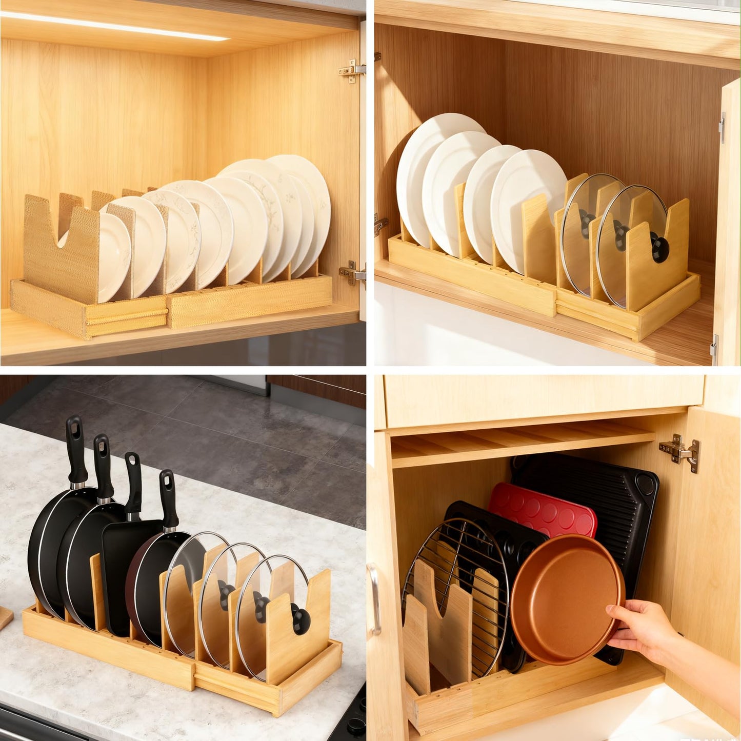 VKDDM Pots and Pans Organizer for Under Cabinet - Expandable Bamboo Pot Lid Organizer, Pan Organizers inside Cabinet, Drawer Pot Lid Holder Rack for Kitchen Organization and Storage
