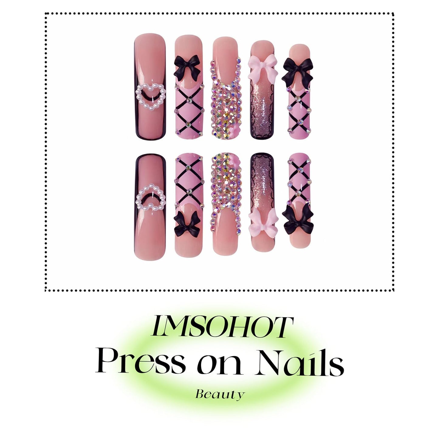 IMSOHOT Curved Press on Nails Long Square Fake Nails Pink Black French Tip False Nails with Bow, Glitter, Rhinestone Designs Cute Acrylic Extra Long Stick on Nails for Women Girls