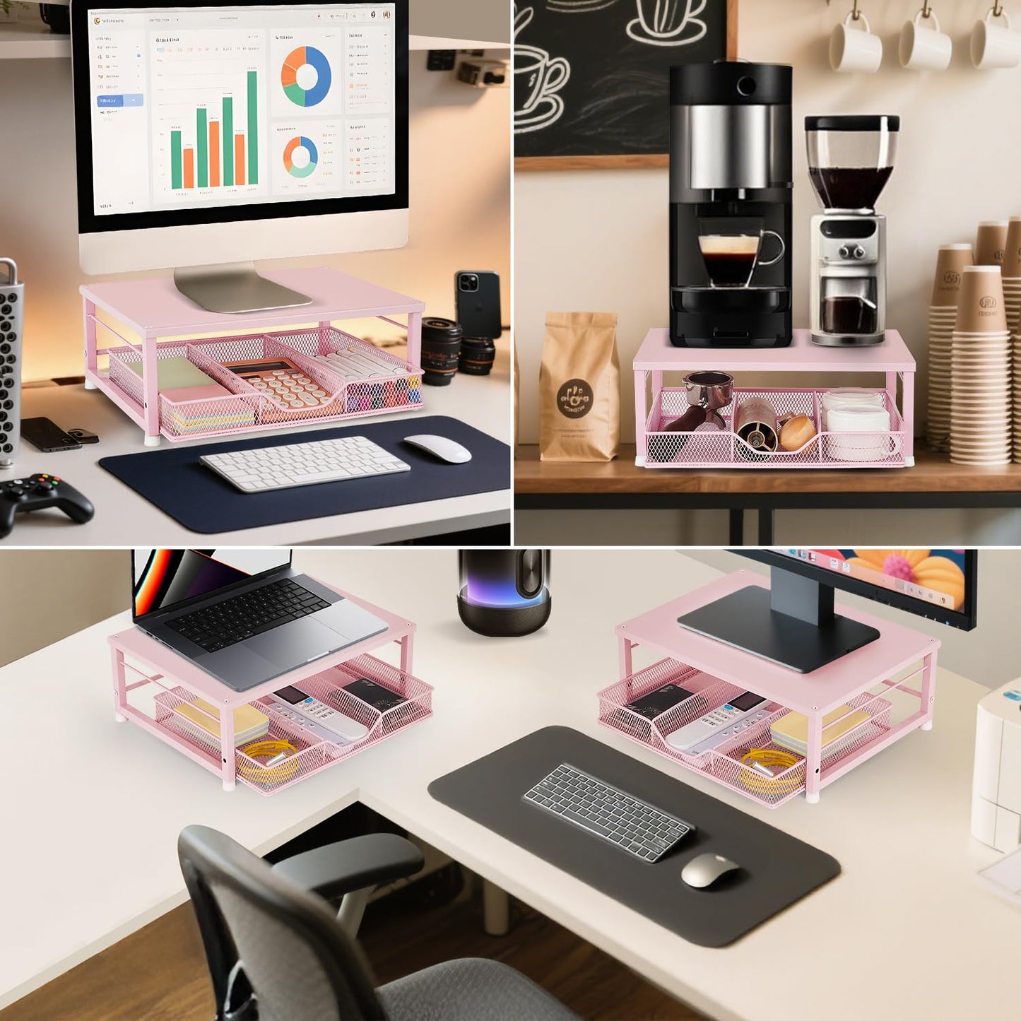 Gugsey Small Pink Laptop Stand for Desk, Monitor Stand, Office Desk Accessories, Computer Desktop Stand with Drawer for Home, Office, School (Pink)