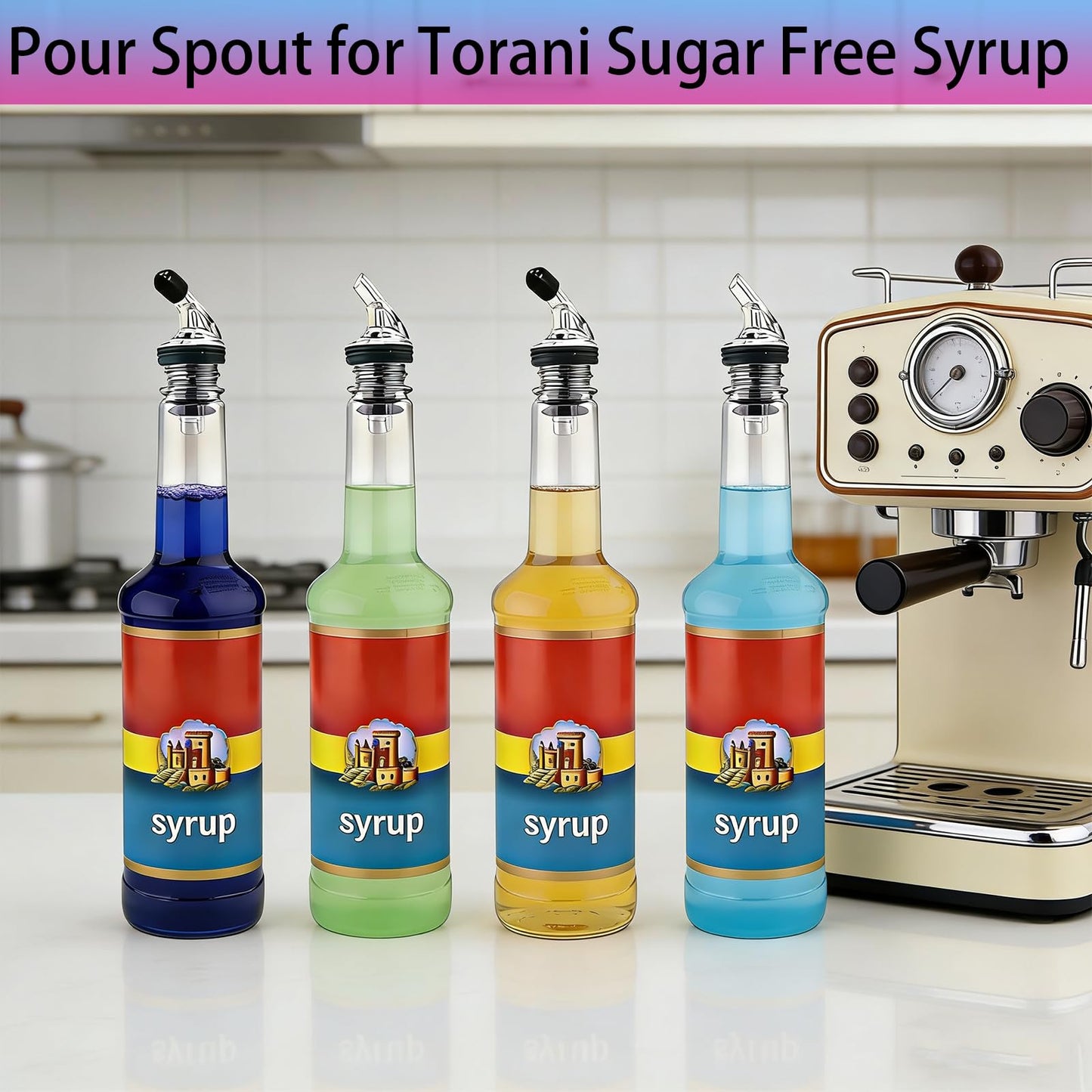 Pour Spout for Torani Sugar-Free Syrup 25.4 Fl Oz Bottle，Pourers for Large small Torani Sugar-Free Syrup。Leak-Proof,4-piece Large small + 8 Black Lid Caps (Black, 4)