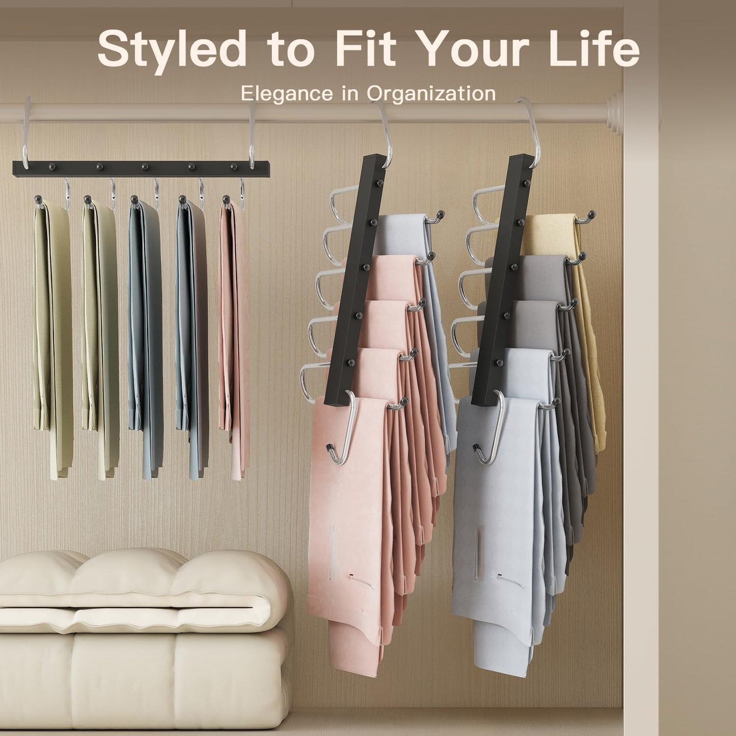 4 Pack Pants Hangers Space Saving - Closet Organizer and Storage Jean Hangers, Stainless Steel Clothes Hanger Scarf Holder for Pants Jeans Leggings Trousers Pant Rack, Black