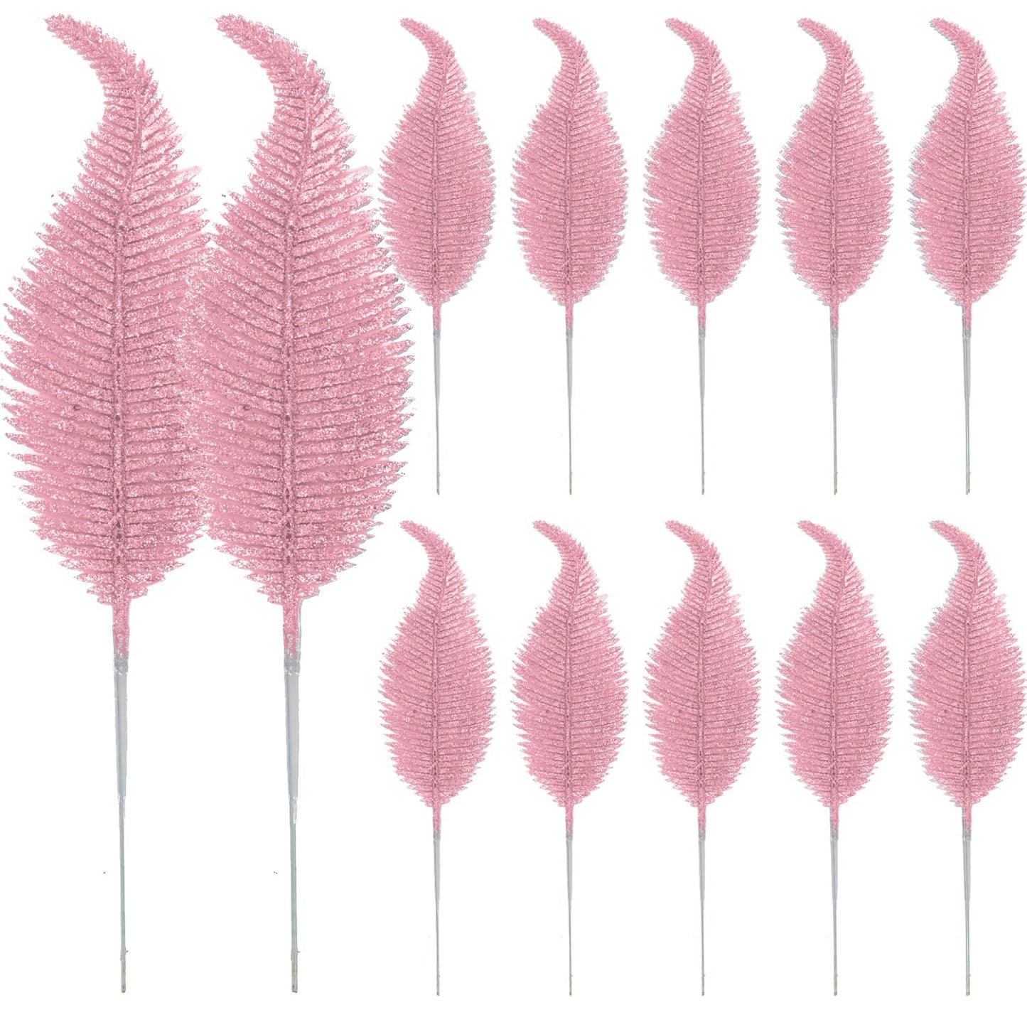 20 Pieces Artificial Christmas Glitter Leaves Branches Sparkly Fake Leaf Sprays for Christmas Tree Picks 10" Ornament Flower Arrangements DIY Crafts Wreaths Holiday Decoration Tree Fillers (Pink)