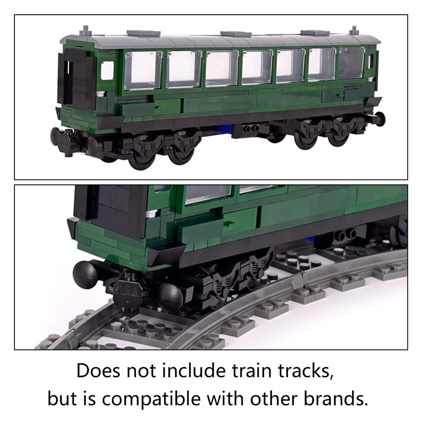 MXIZYDAOY Train Building Block Carriage Kit, Green Passenger Coach Model, Plastic Railway Car with Architecture Theme, Compatible Building Set for Kids 6+