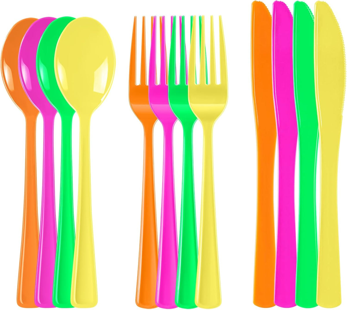 300 Pack Neon Party Disposable Plastic Silverware Heavy Duty, Plastic Cutlery Set, Forks and Spoons Knives Set for Birthday Party Prom Night, Weddings（Orange,Green, Hot Pink, Yellow Colors）