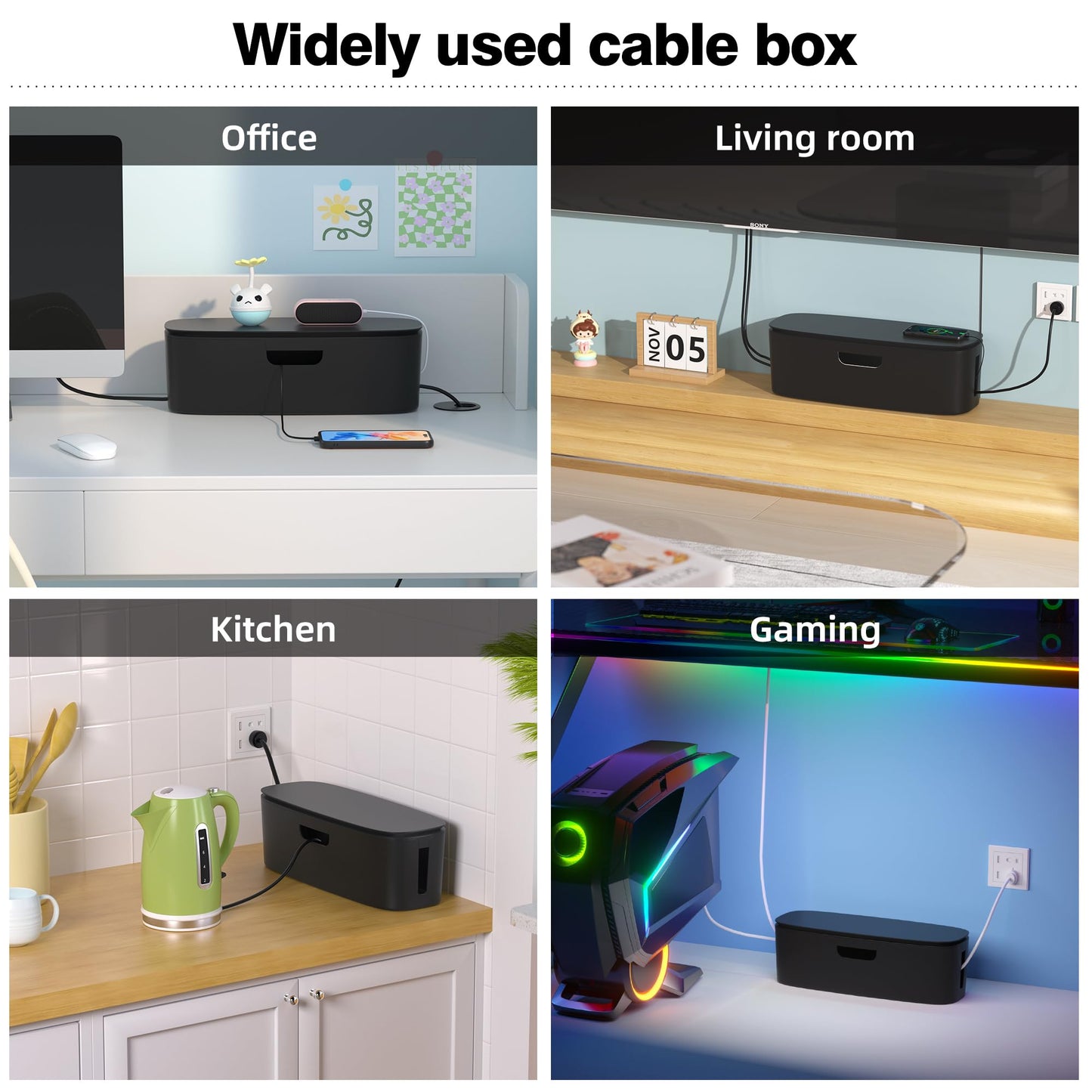 Cable Management Box - Large Cord Organizer Box to Hide Power Strip & Under Desk, TV Computer Wires Cable Organizer Box with Baby Proofs, Desk Cord Organizer for Home/Office - Black
