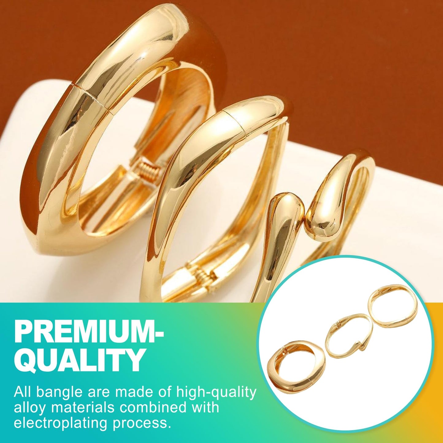 KornaDoz 3-Pack 14K Gold Plated Chunky Bracelet Set - Stackable Cuff Bangles, Trendy Statement Jewelry for Women