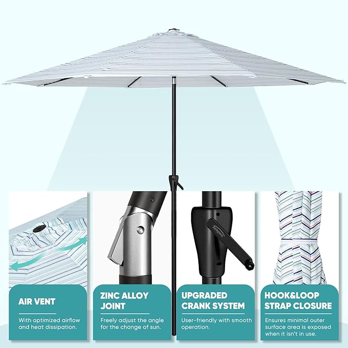 Tempera Patio Market Outdoor Table Umbrella with Auto Tilt and Crank, Large Sun Umbrella with Sturdy Pole & Fade Resistant Canopy, Easy to Set