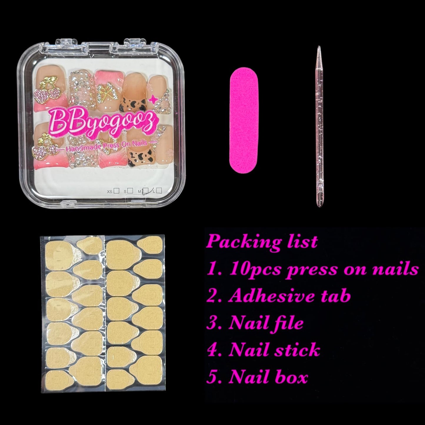 Handmade Press on Nails Short Duck Shape - Leopard Print & Full Diamond Cherry Design, Pink Acrylic Reusable False Nails with Gold Leaves & Butterfly, Unique 3D Nail Art Set (Jewel Orchard, M)