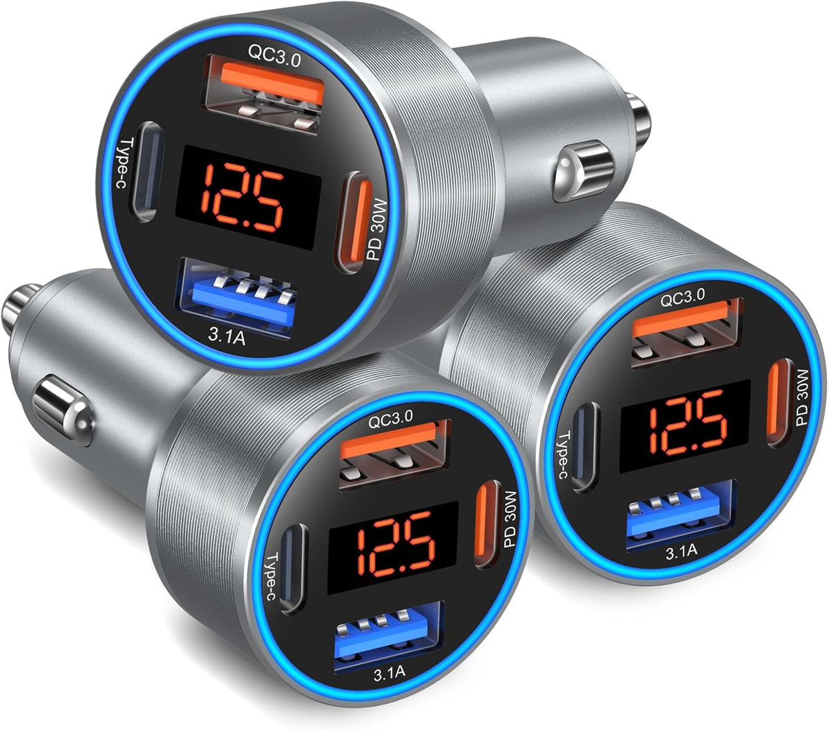 USB C Car Charger with Voltage Display, 3 Pack 65W Super Fast Charging Car Phone Charger Dual USB-A & USBC Cargador Carro Cigarette Lighter Adapter Volt Meter for iPhone,Samsung,Tablet,Android-Gray