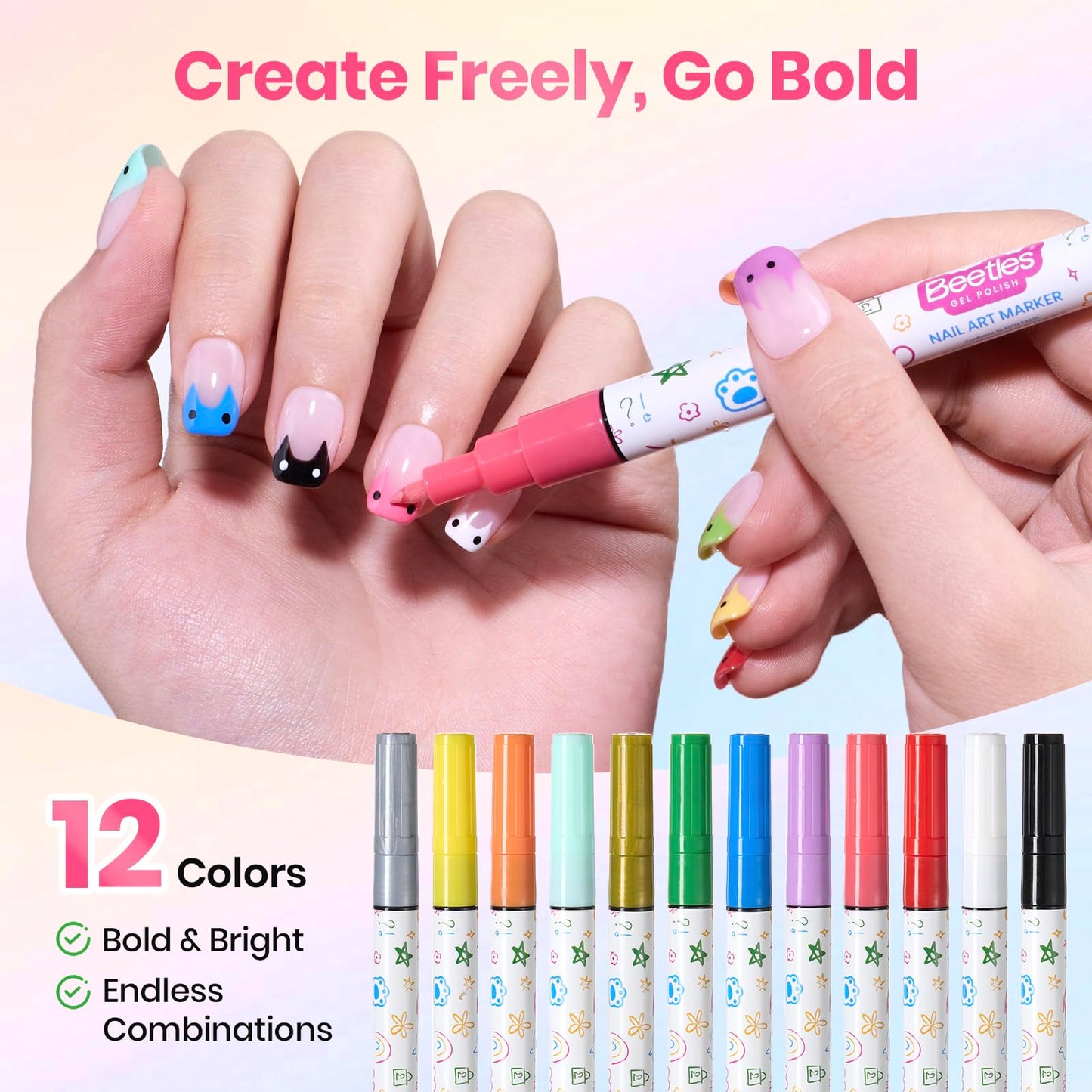 Beetles 12 Colors Nail Art Pens, 0.7MM Painting Nail Polish Pens Quick Air Drying Acrylic Paint Markers for Nails Art Design Dotting Liner Brush, DIY Home & Salon Manicure Tools