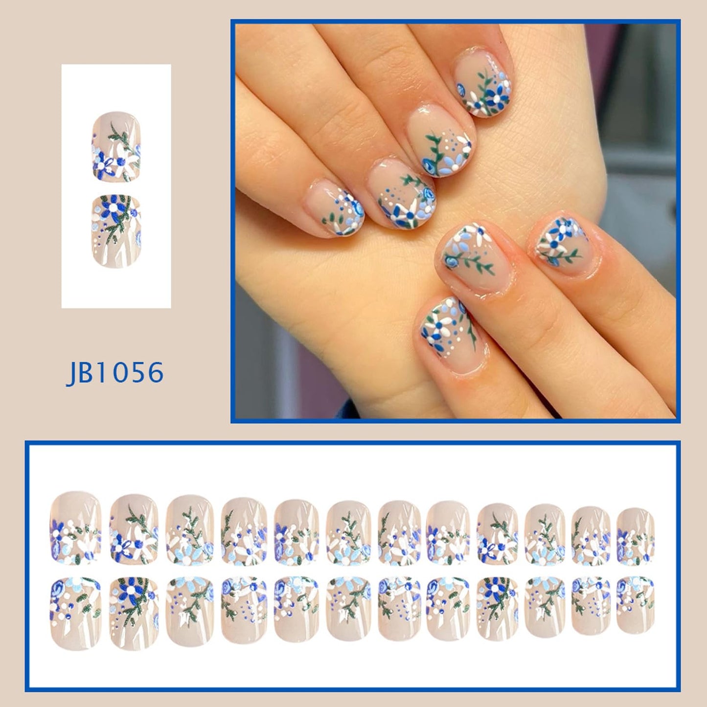 Square Press On Nails Short Fake Nails Acrylic Nails Press Ons Full Cover Glue On Nails Artificial Glossy False Nails With Blue Flower Designs Reusable Stick On Nails For Women 24pcs