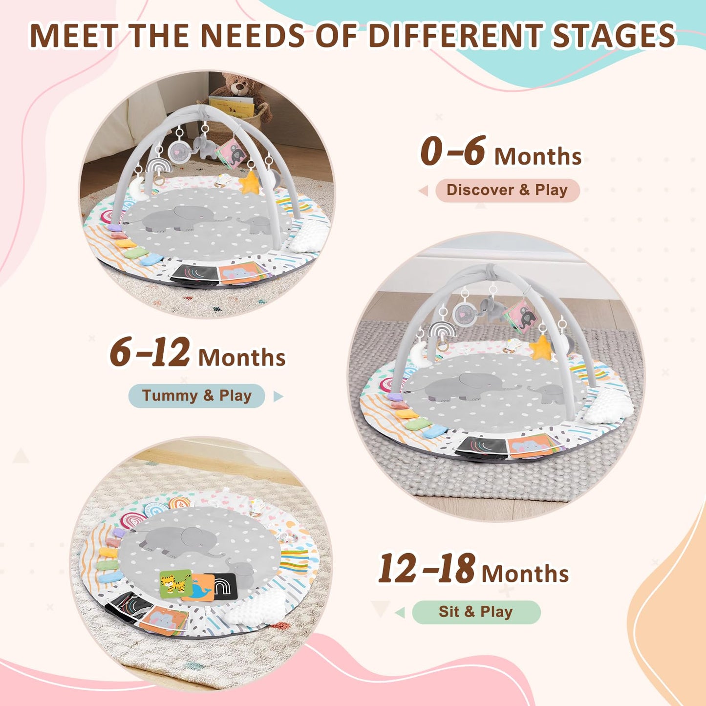 Baby Play Gym & Activity Mat, Tummy Time Mat with Cloud Toy, 7 Detachable Sensory Toys and Educational Cards for Motor Skills & Sensory Development, Baby Essentials Shower Gift, Grey Elephant