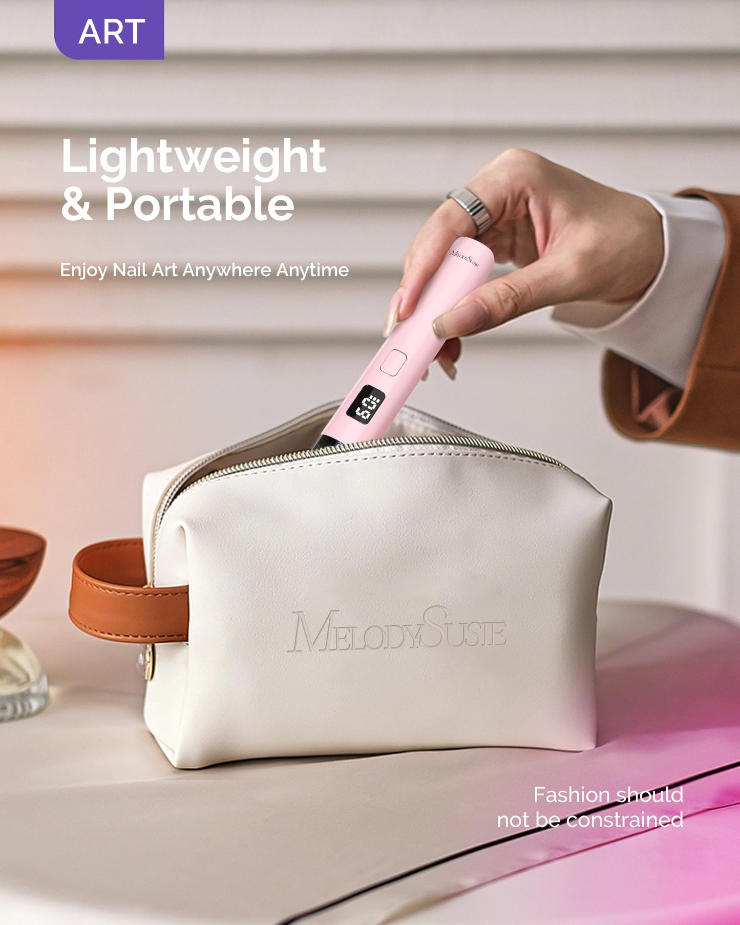MelodySusie Handheld Cordless UV Nail Lamp with LCD Display & Eye-Protection Cover, P-Art01R Rechargeable Mini UV LED Light Flash Cures All Soft Gels, Especially Rhinestone Glue & Liner Gel Pink