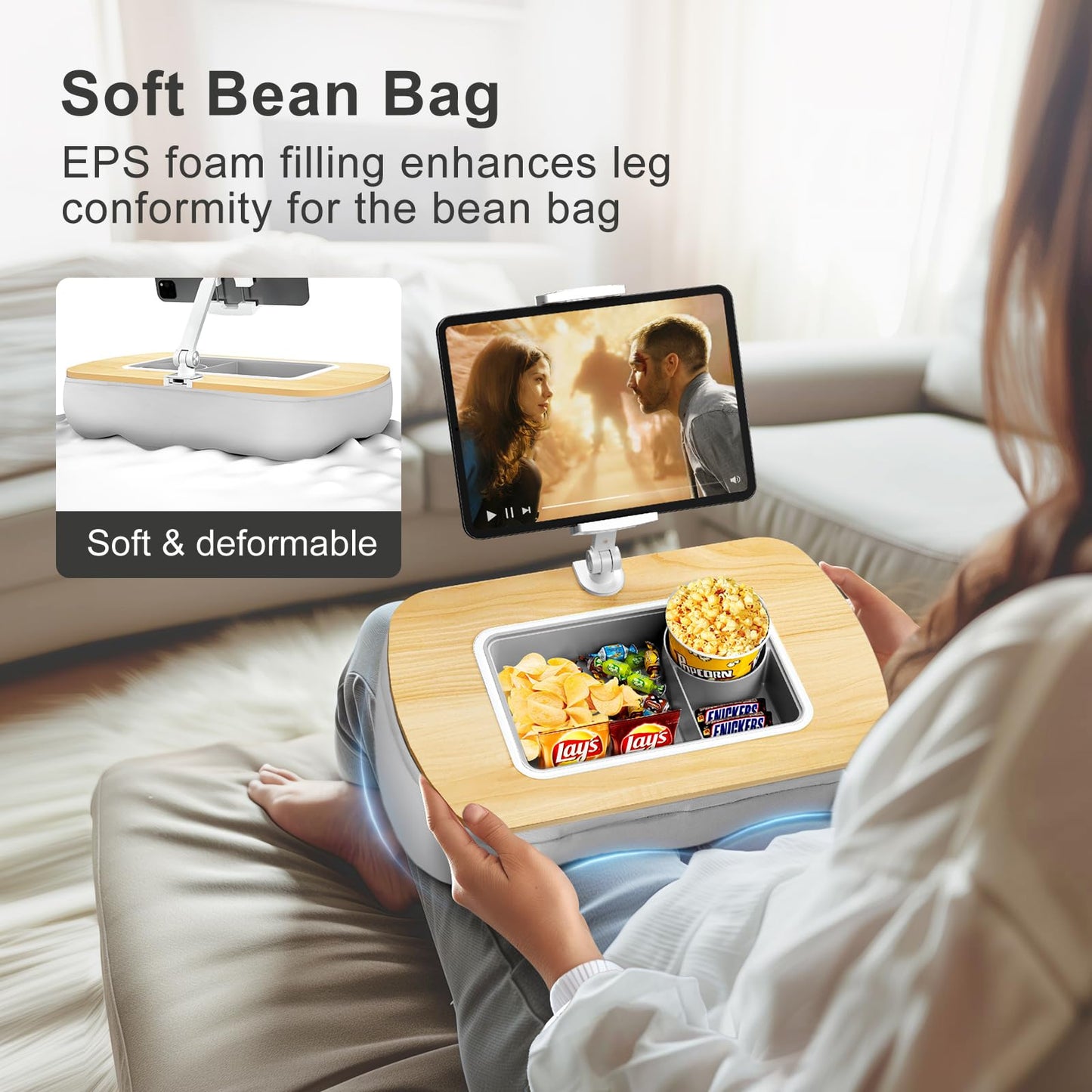 ERGONOV Tablet Stand Pillow with Snack Bowl, iPad Lap Holder for Hands-Free Reading and Relaxation on Bed,Couch,Recliner, 360° Rotating Clip for 4.7-13" Kindle,eBook,Tablet,iPhone (Birch Gray)