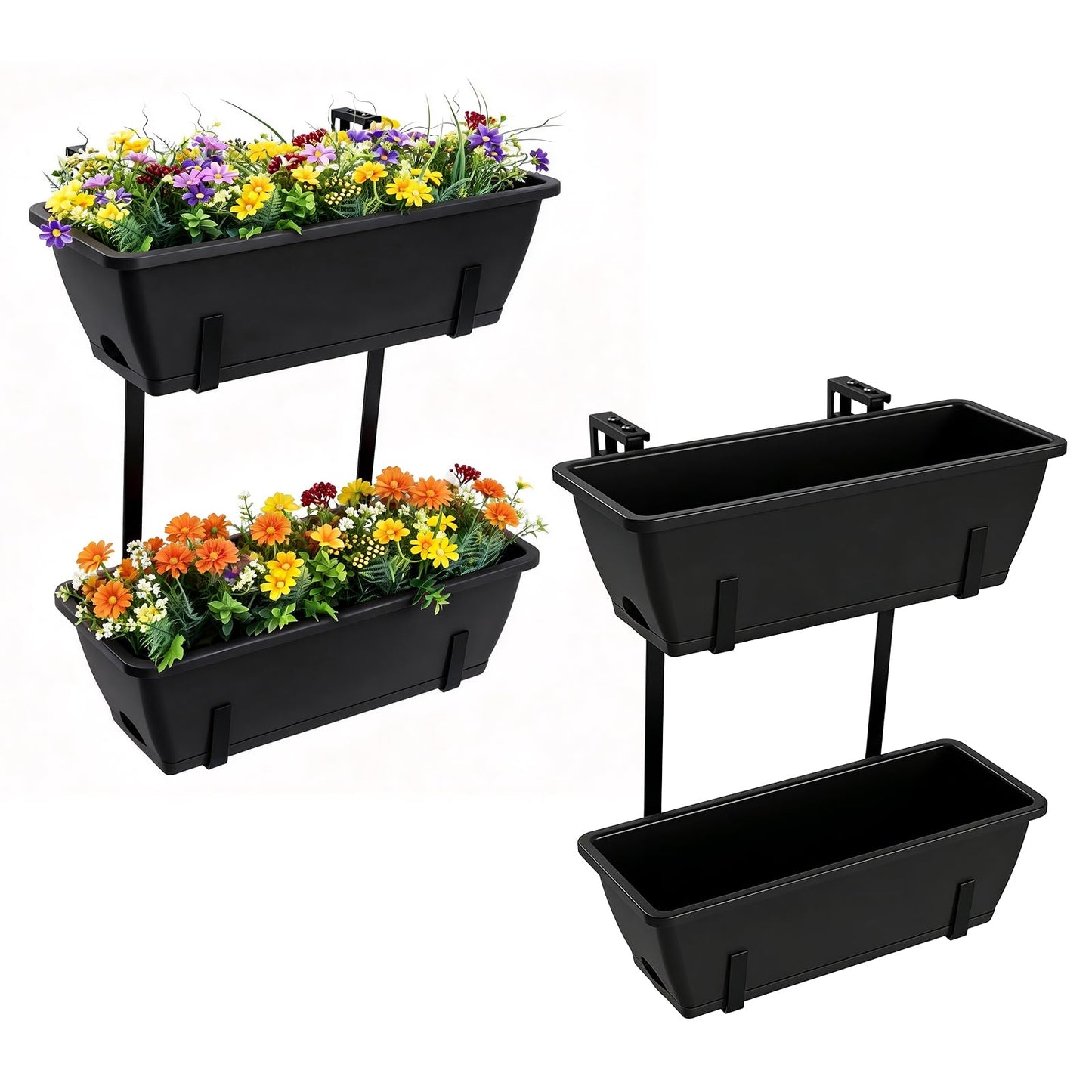 FANSXIVITA Rectangle Planters Box, 4 Pack Deck Hanging Planters for Railings, Window Box Planter with Drainage Holes & Trays, 16.9 Inch Balcony Planters Railing Hanging with Metal Brackets, Black